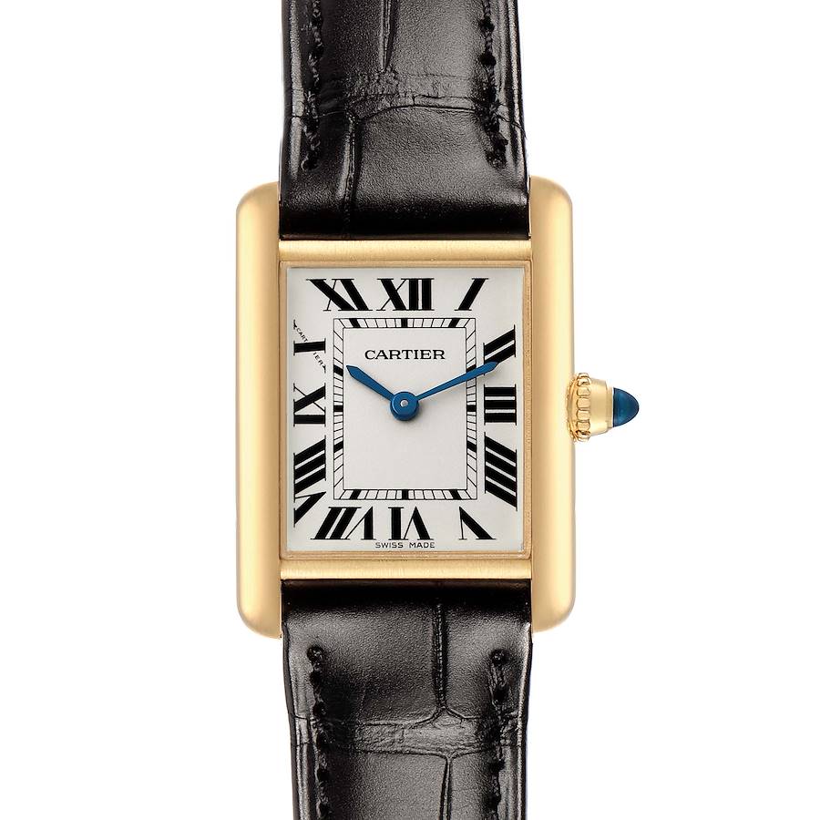 The Cartier Tank Louis W1529856 Women's Yellow Gold Silver Dial watch is shown from the front, highlighting its rectangular gold case, Roman numerals, and leather strap.