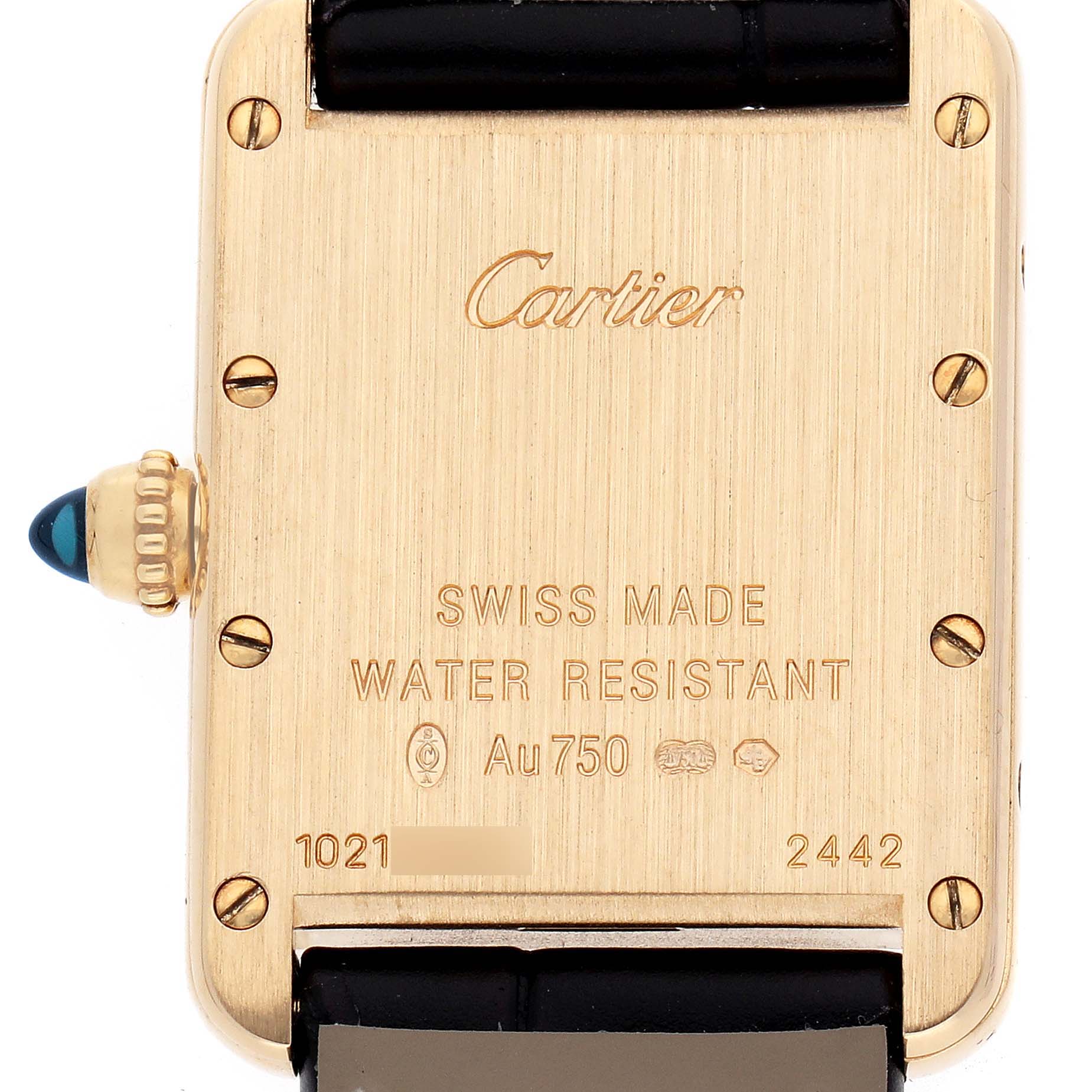 The image shows the back of the Cartier Tank Louis W1529856 Women's Yellow Gold Silver Dial watch with inscriptions and a blue cabochon crown.