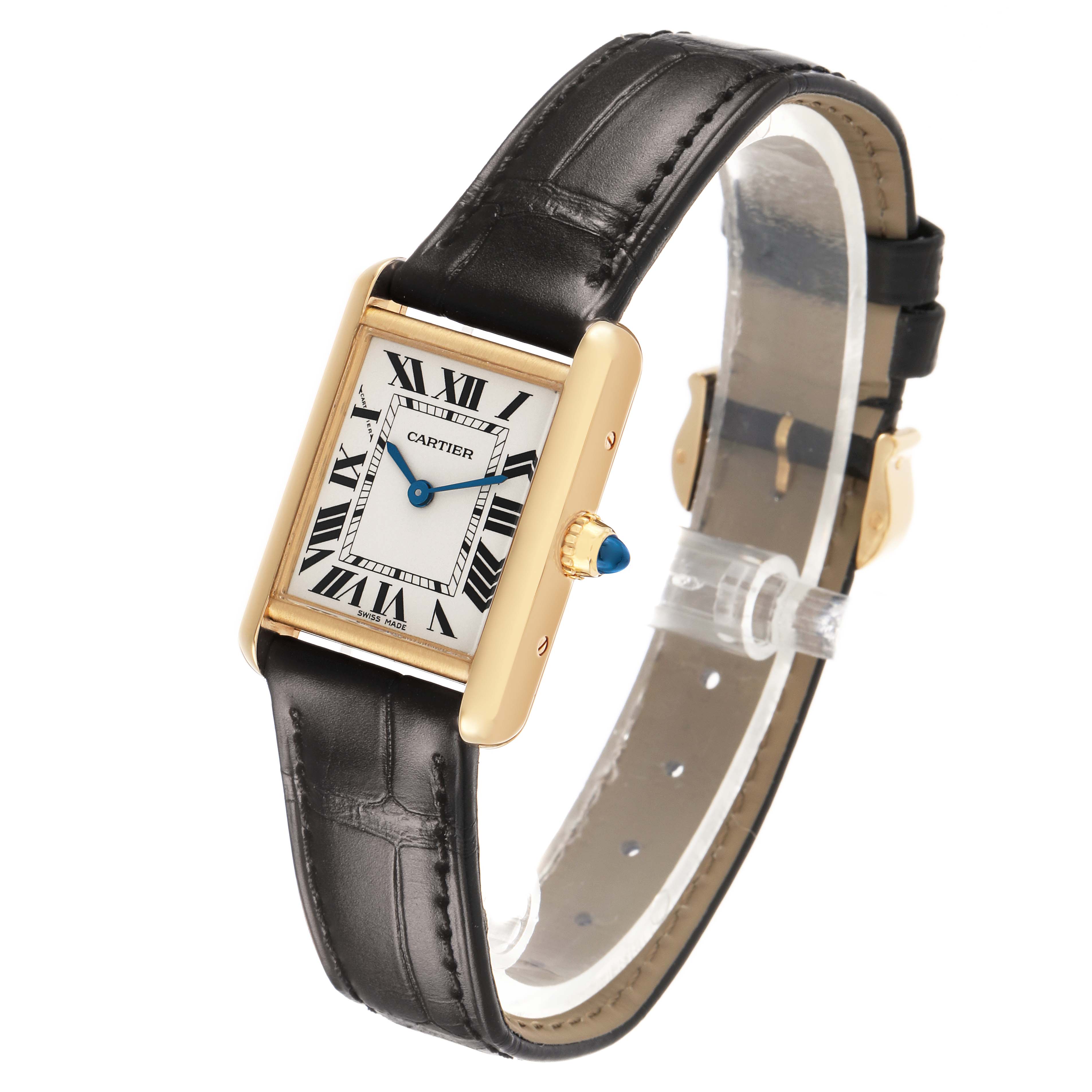 The Cartier Tank Louis W1529856 Women's Yellow Gold Silver Dial watch is shown in a three-quarter angle, highlighting the face, crown, and strap.