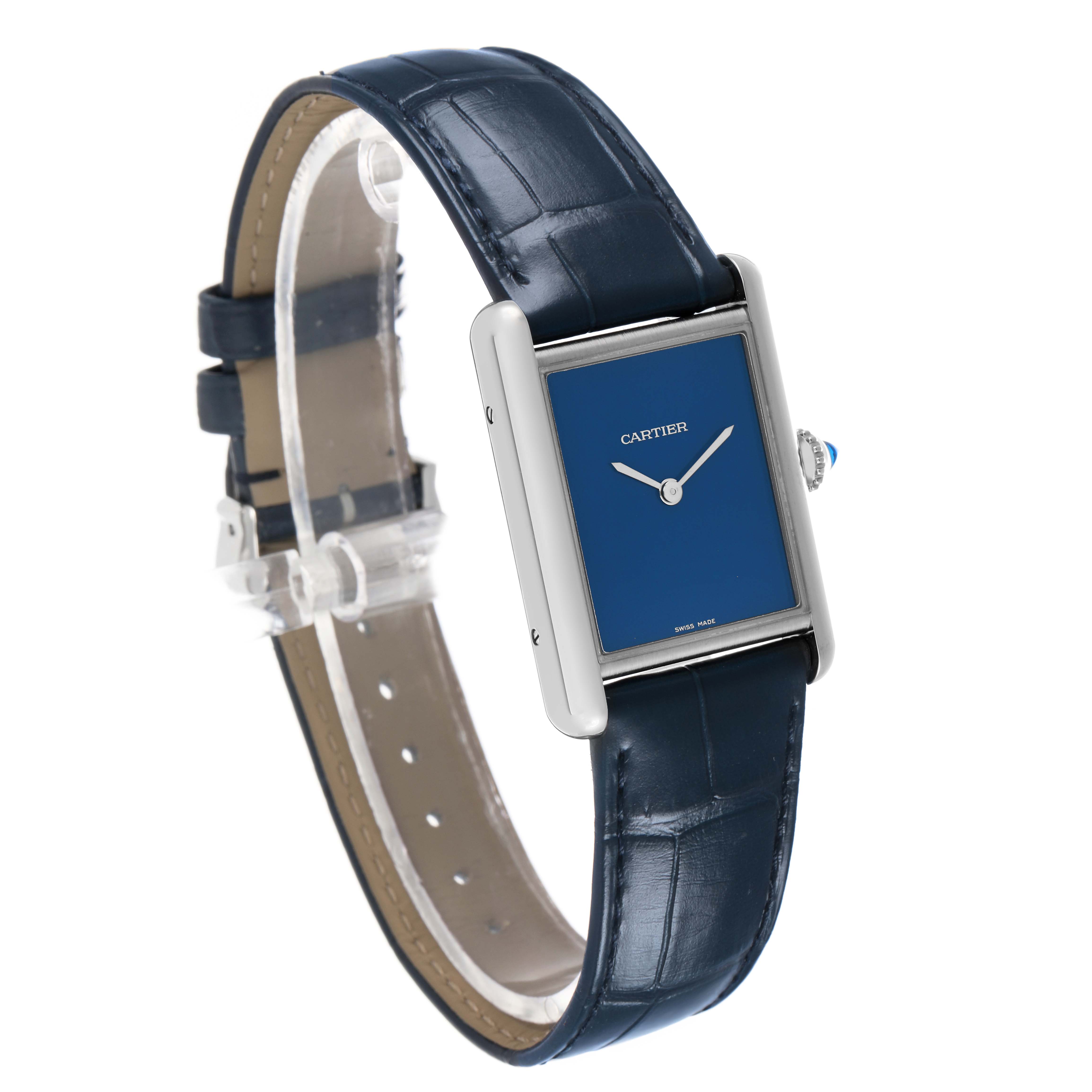 The Cartier Tank Must WSTA0055 Women's Stainless Steel Blue Dial watch is shown at an angled side view, displaying its blue rectangular face, silver case, and leather strap.