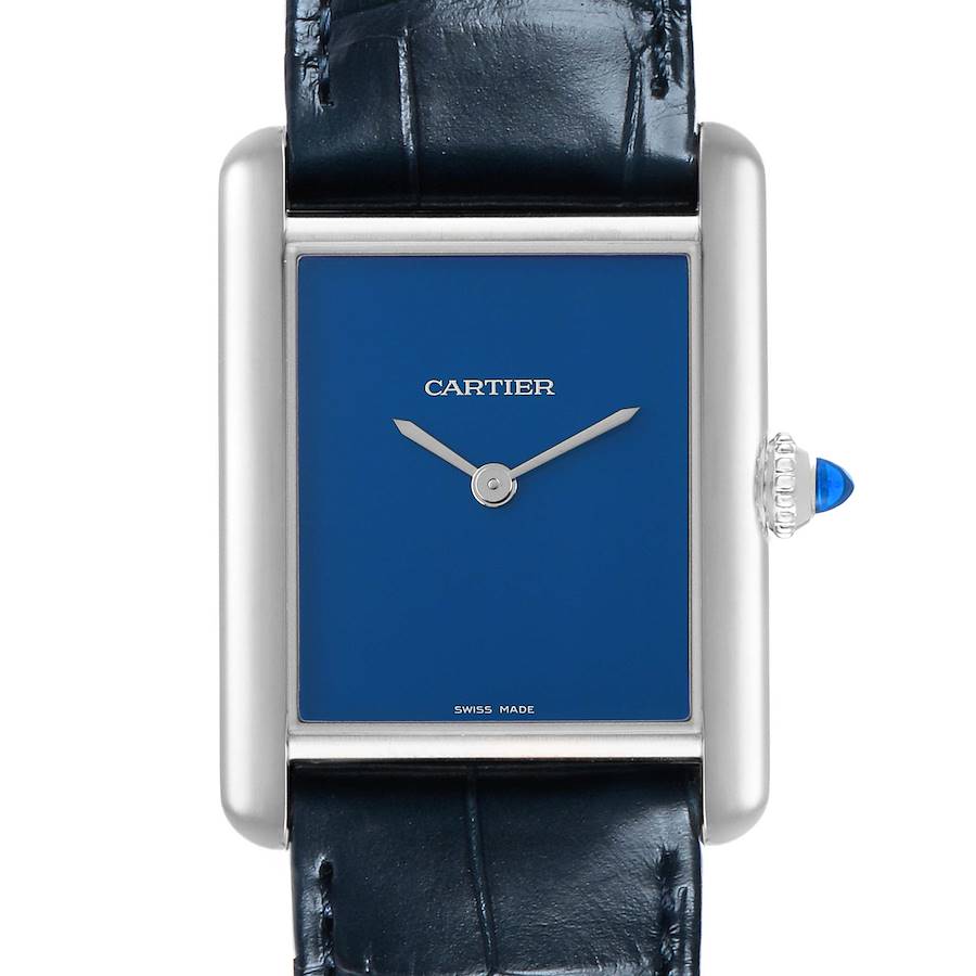 The Cartier Tank Must WSTA0055 Women's Stainless Steel Blue Dial watch is shown from the front, highlighting its blue dial, silver hands, and signature sapphire crown.