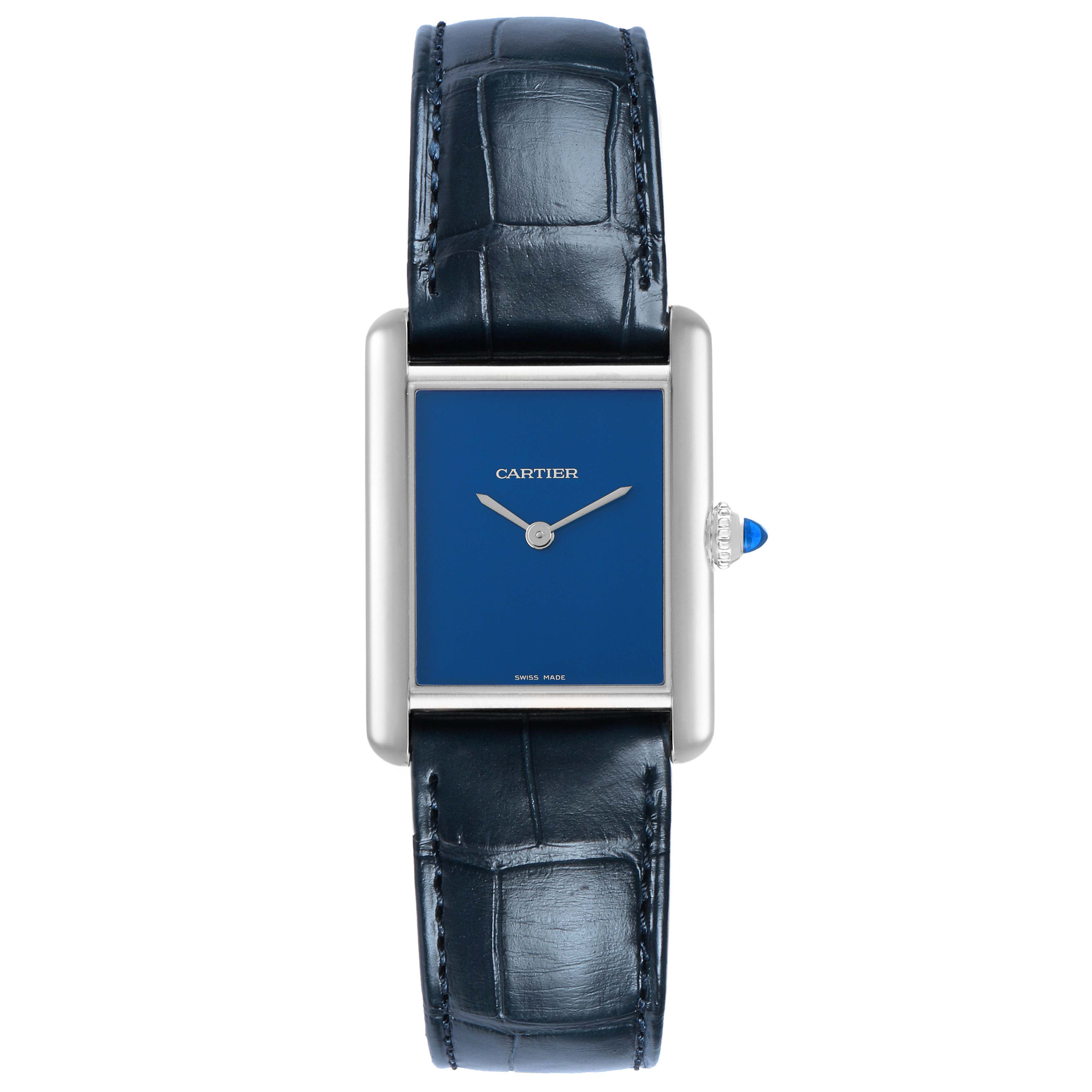 The Cartier Tank Must WSTA0055 Women's Stainless Steel Blue Dial watch is shown from a front angle, highlighting its blue dial, rectangular case, and leather strap.