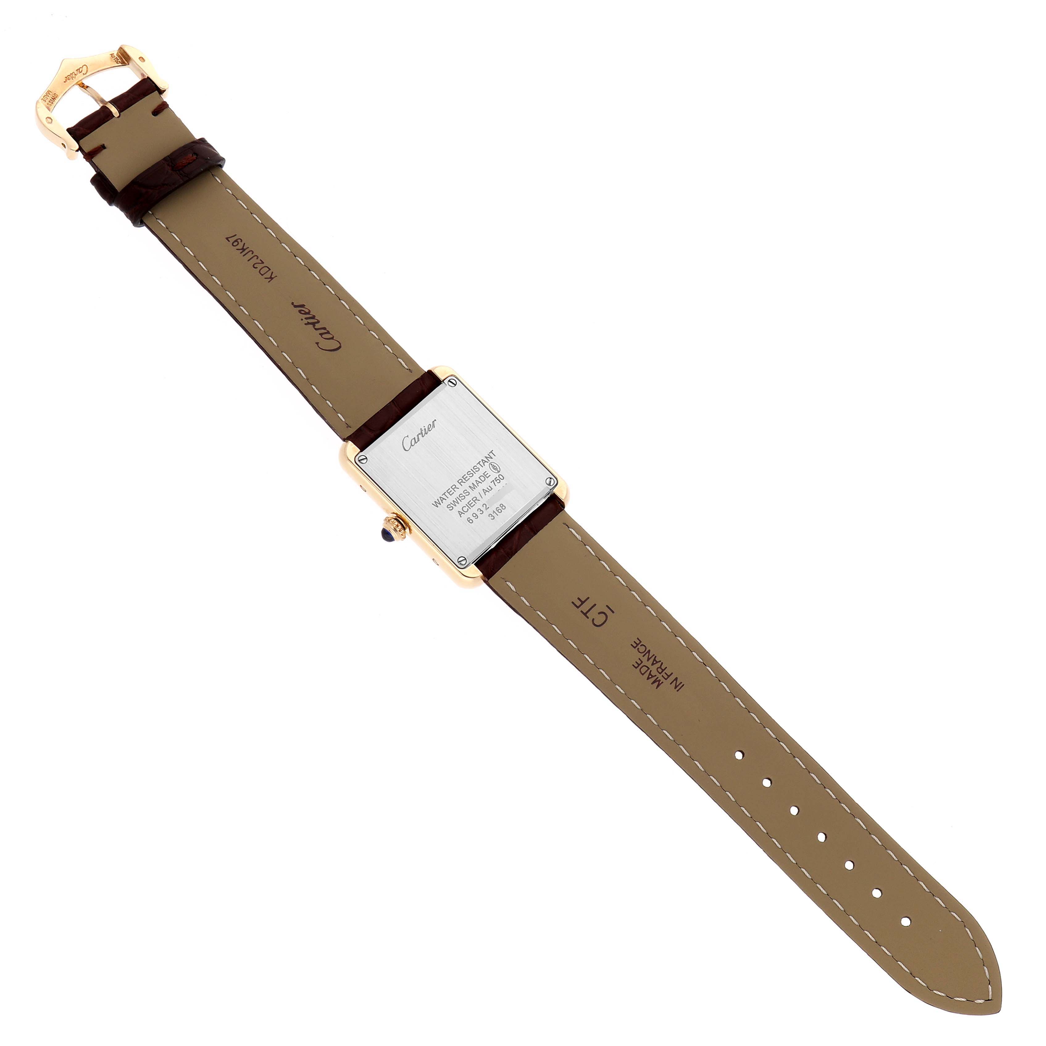 The image shows the back of the Cartier Tank Solo W5200024 Women's Rose Gold Silver Dial watch, highlighting the case back and the leather strap with stitching.