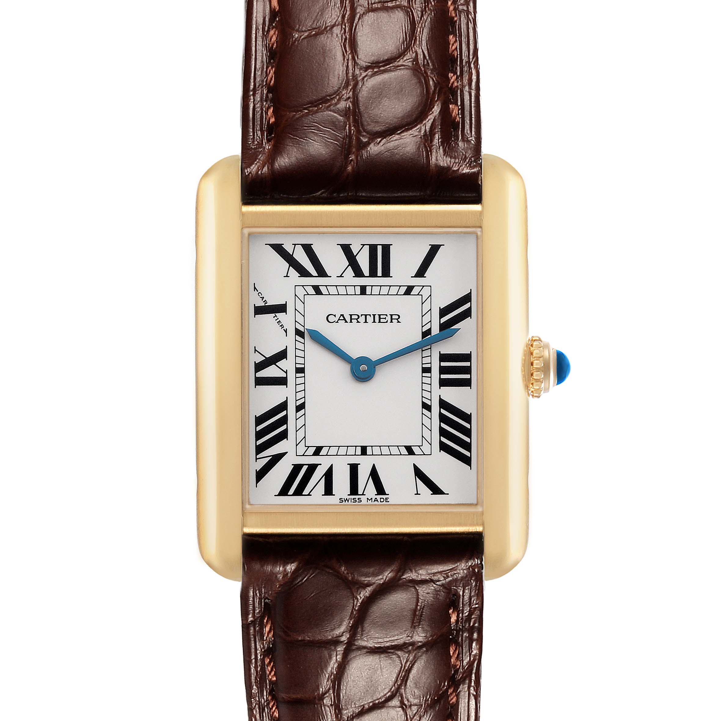 The Cartier Tank Solo W5200024 Women's Rose Gold Silver Dial watch is shown from a frontal angle, displaying the face, Roman numerals, and brown leather strap.