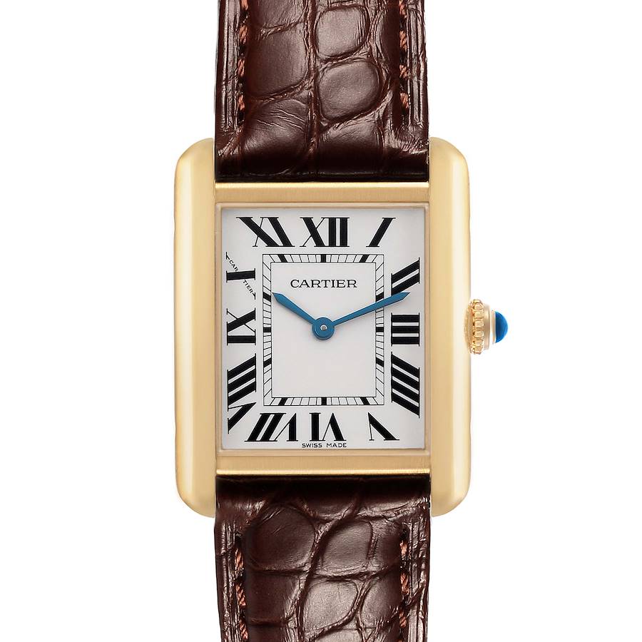 The Cartier Tank Solo W5200024 Women's Rose Gold Silver Dial watch is shown from a frontal angle, displaying the face, Roman numerals, and brown leather strap.