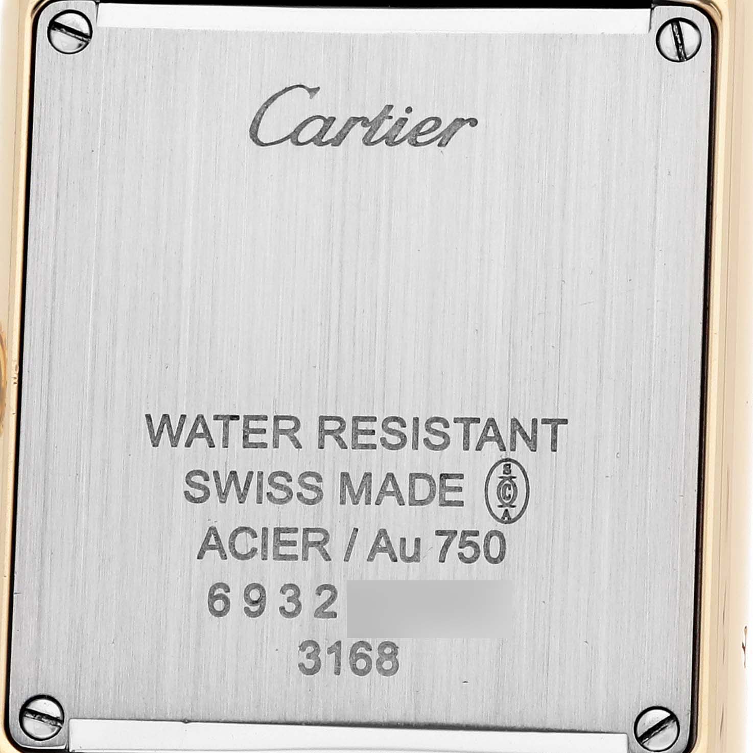 The image shows the back case of the Cartier Tank Solo W5200024 Women's Rose Gold Silver Dial watch, displaying brand information and material details.