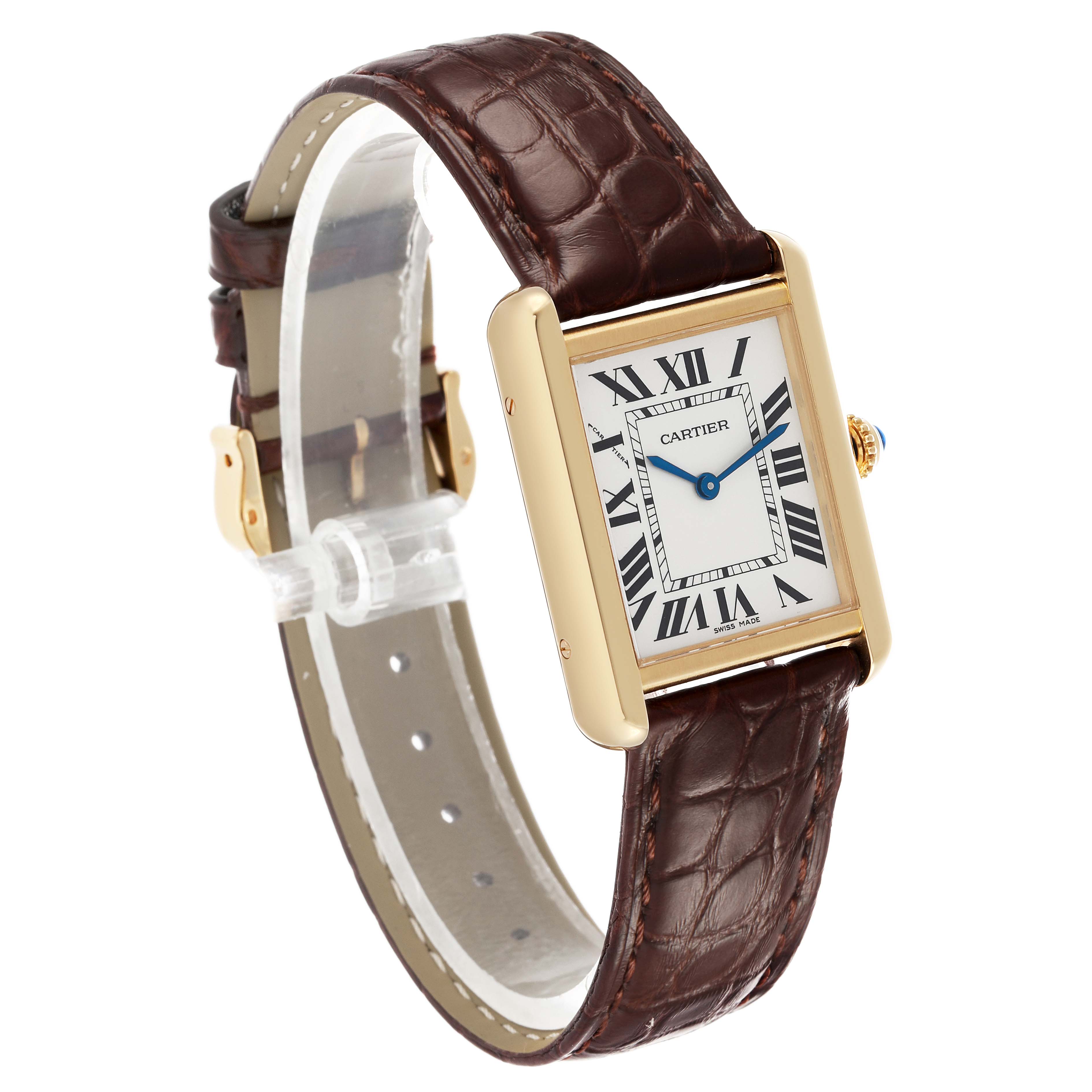 The Cartier Tank Solo W5200024 Women's Rose Gold Silver Dial watch is shown at an angle displaying the face, gold casing, brown leather strap, and sapphire crown.