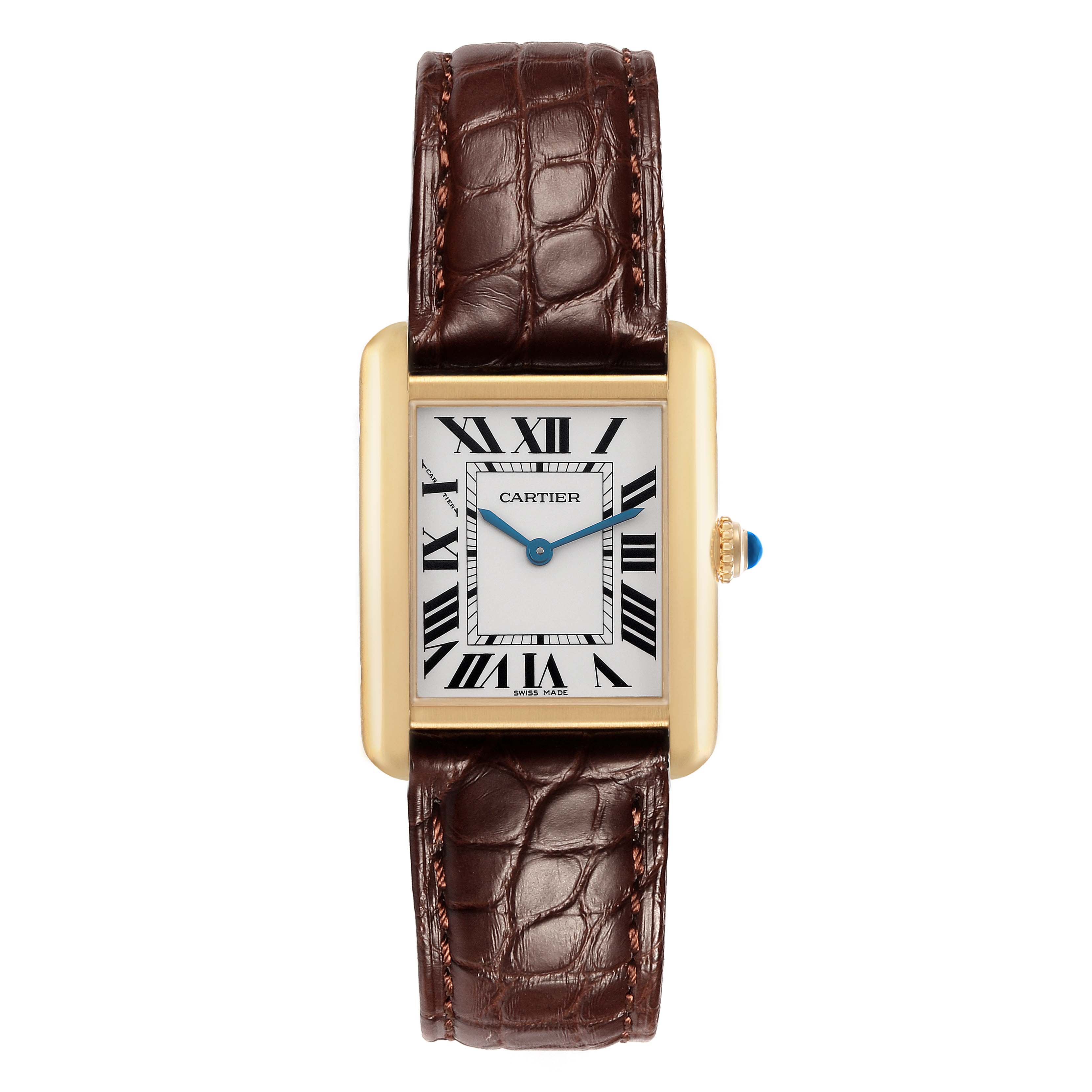 The Cartier Tank Solo W5200024 Women's Rose Gold Silver Dial watch is shown in a top view, featuring a rectangular face, Roman numerals, and a brown leather strap.