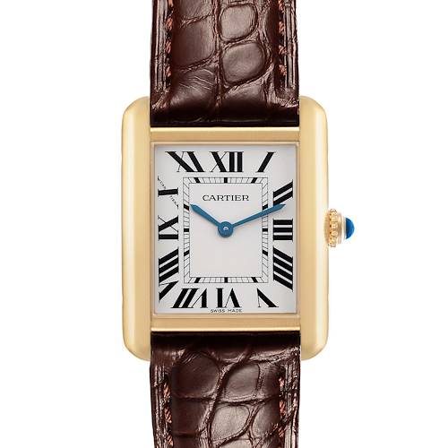 The Cartier Tank Solo W5200024 Women's Rose Gold Silver Dial watch is shown from the front, highlighting the face, Roman numerals, blue hands, and crown.