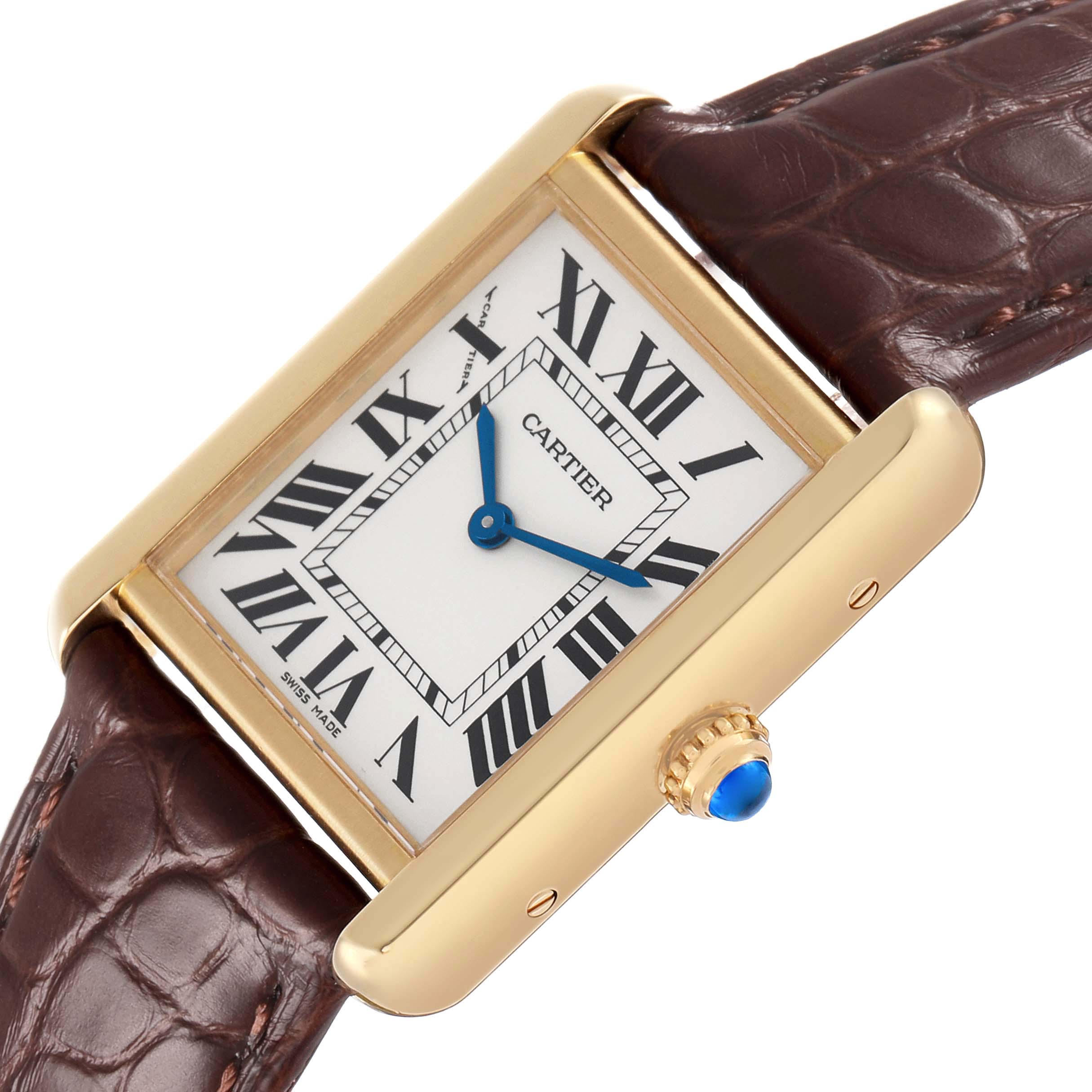 The Cartier Tank Solo W5200024 Women's Rose Gold Silver Dial watch is shown at an angle displaying the face, crown, and part of the leather strap.