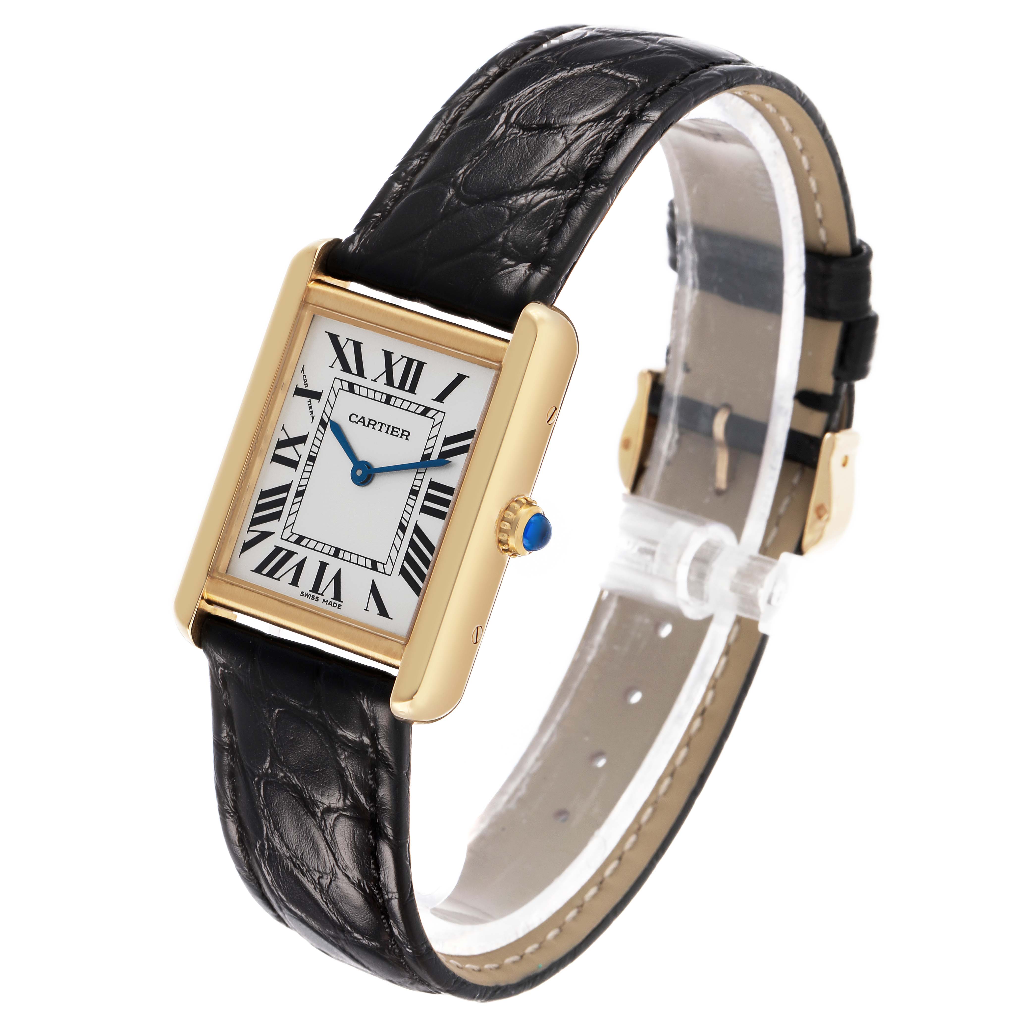 The Cartier Tank Solo W1018755 Women's Yellow Gold Silver Dial watch is shown at a three-quarter angle, featuring its face, crown, and leather strap.