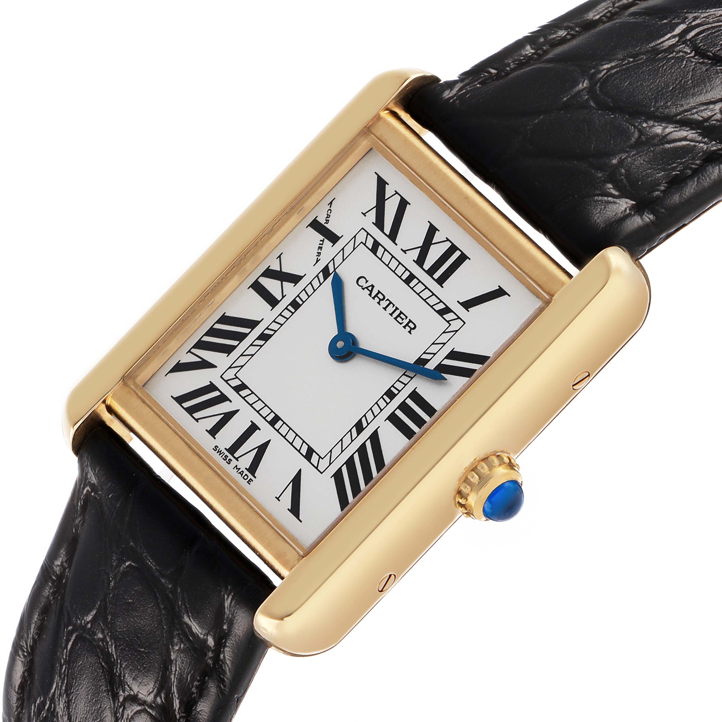 The image shows a Cartier Tank Solo W1018755 Women's Yellow Gold Silver Dial watch at an angled view, displaying its rectangular dial, Roman numerals, gold case, and leather strap.