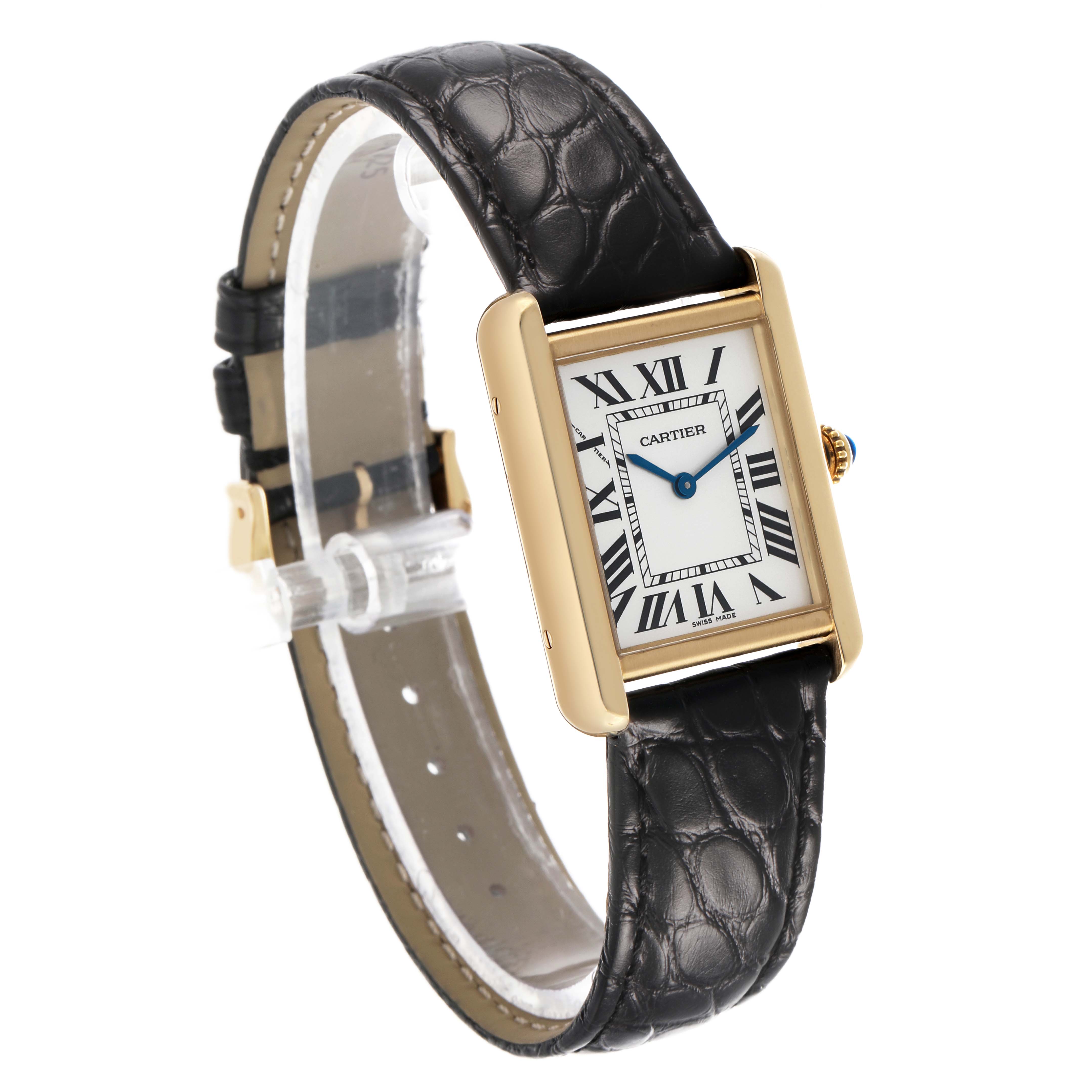 The Cartier Tank Solo W1018755 Women's Yellow Gold Silver Dial watch is shown at an angle highlighting its rectangular face, Roman numeral dial, and leather strap.