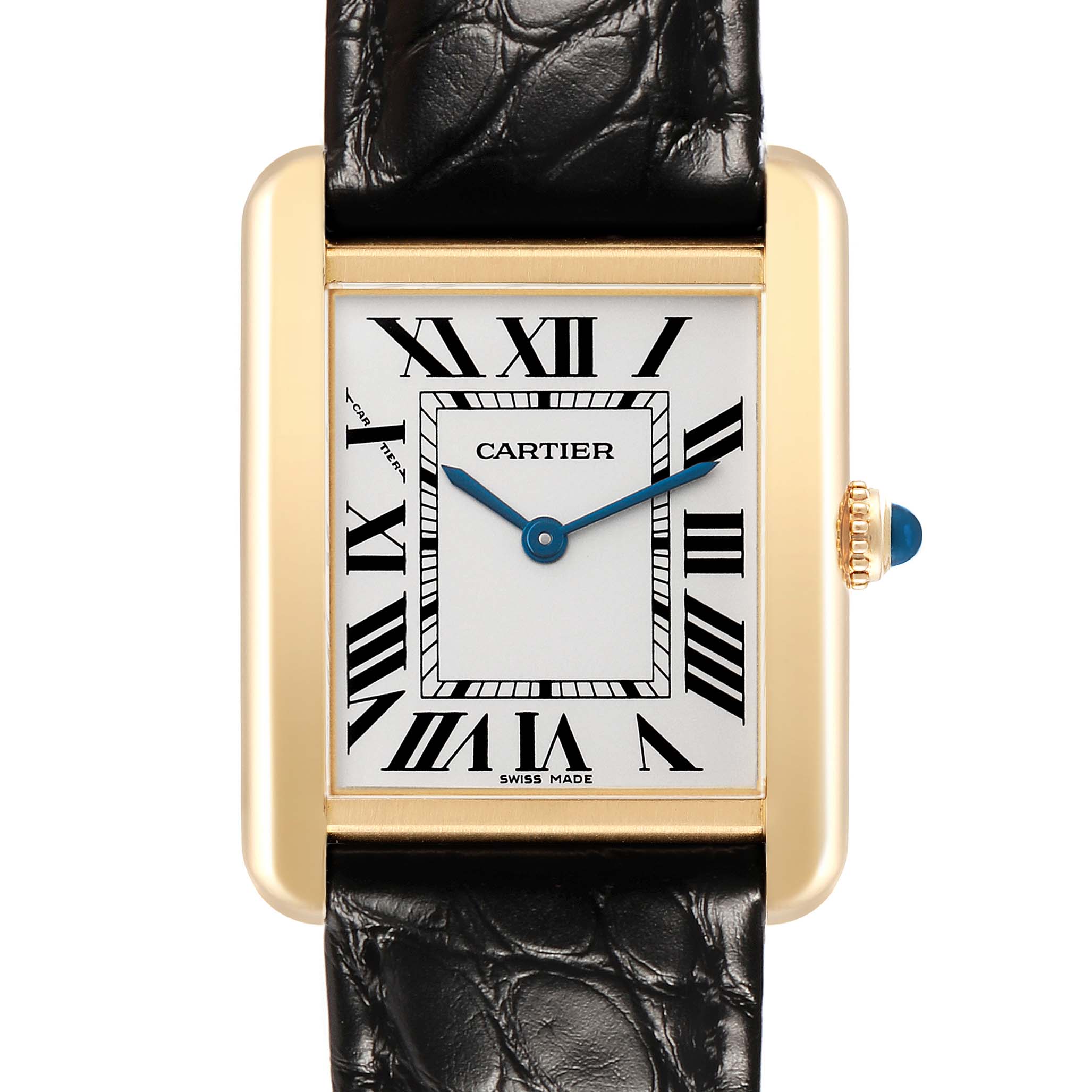 The Cartier Tank Solo W1018755 Women's Yellow Gold Silver Dial watch is shown from the front, featuring the face, Roman numerals, and a leather strap.