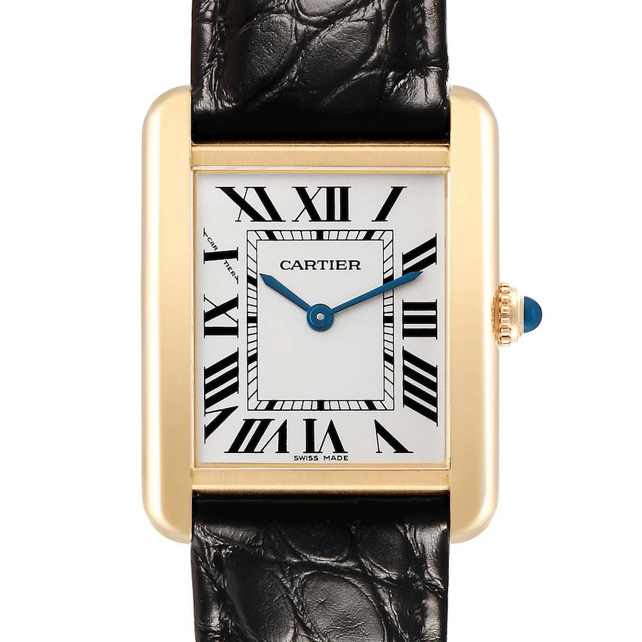 The Cartier Tank Solo W1018755 Women's Yellow Gold Silver Dial watch is shown from the front, featuring the face, Roman numerals, and a leather strap.