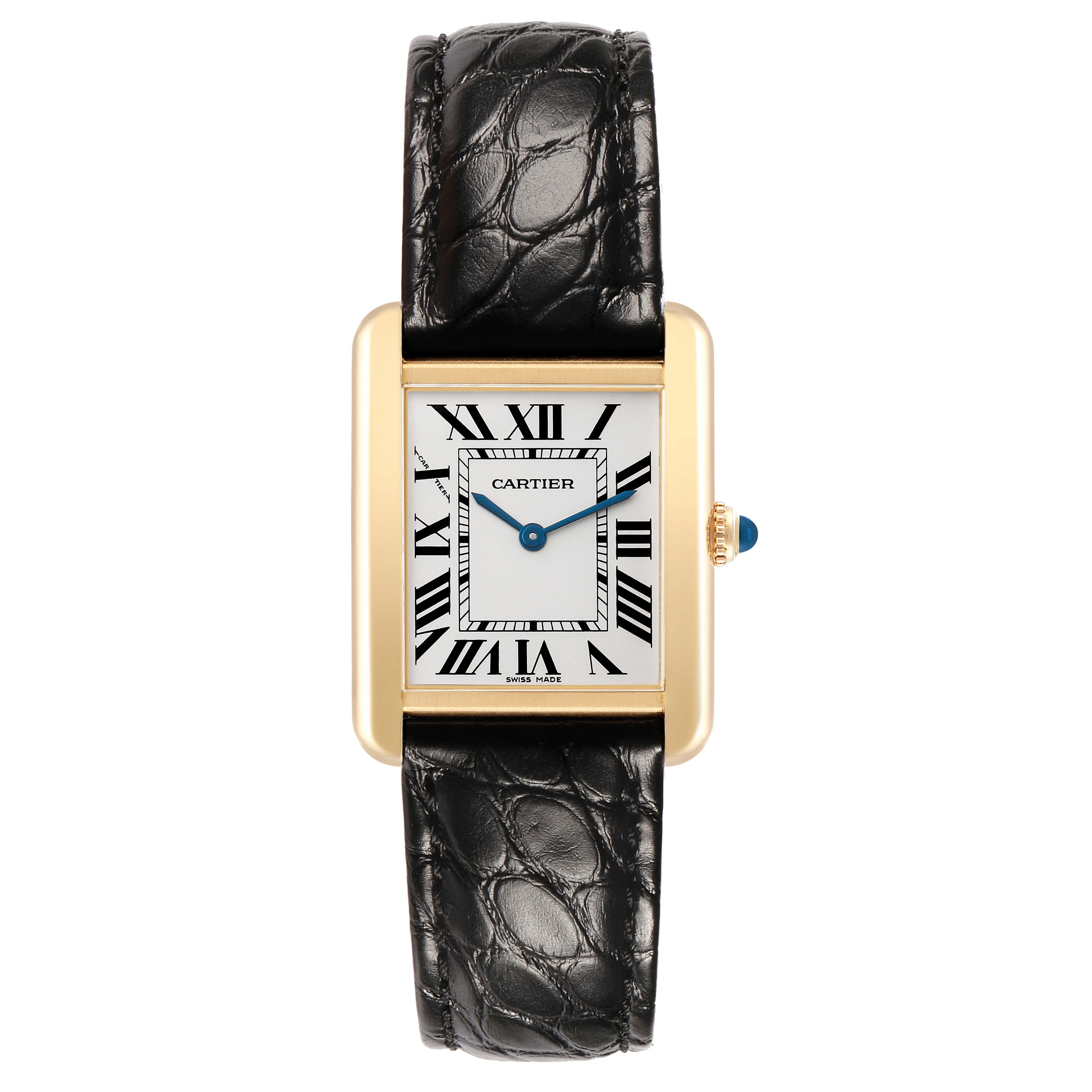 The Cartier Tank Solo W1018755 Women's Yellow Gold Silver Dial watch is shown from a front view, highlighting its rectangular dial, Roman numerals, and leather strap.