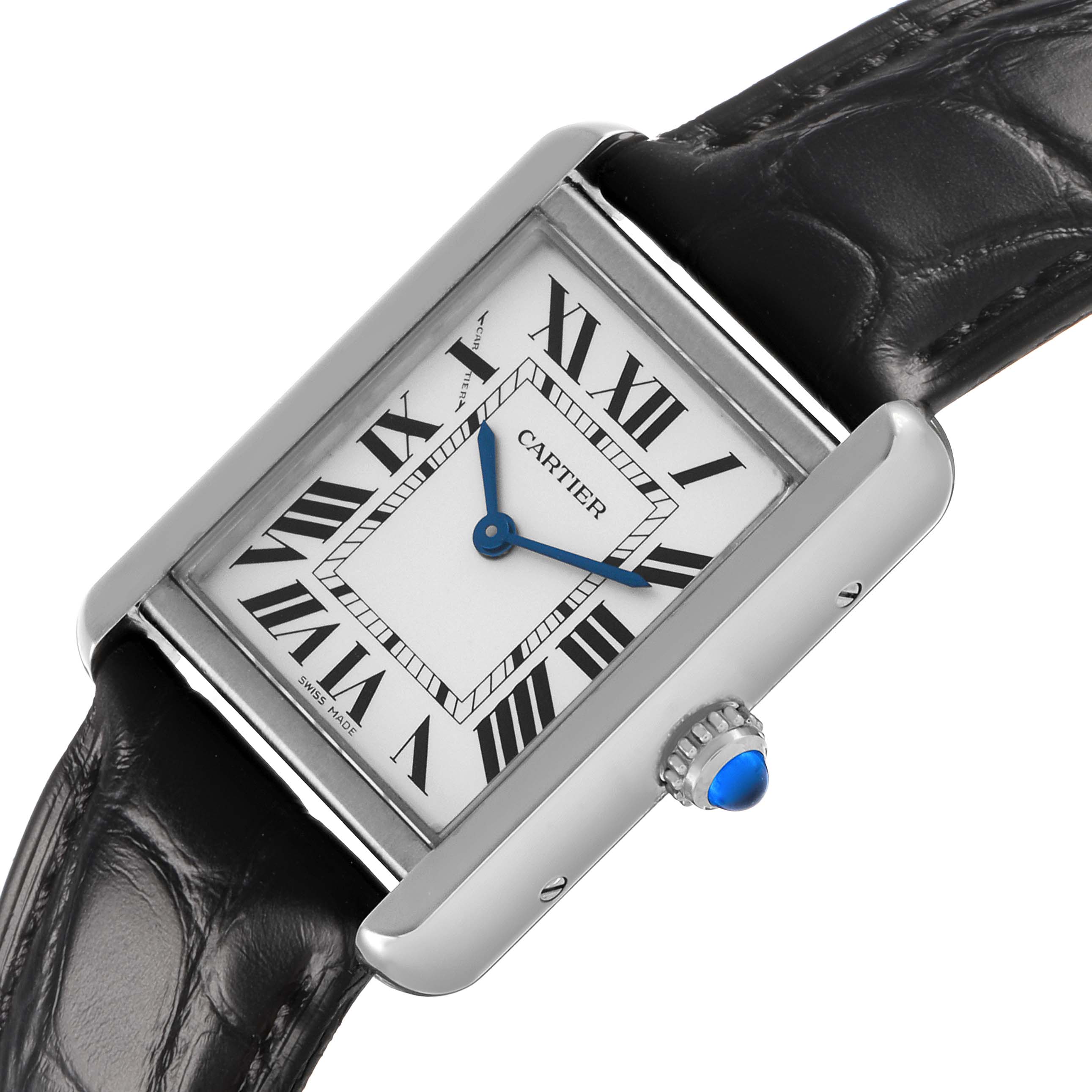 The Cartier Tank Solo WSTA0030 Women's Stainless Steel Silver Dial watch is shown from a slight angle, highlighting the face, case, strap, and crown with a blue cabochon.