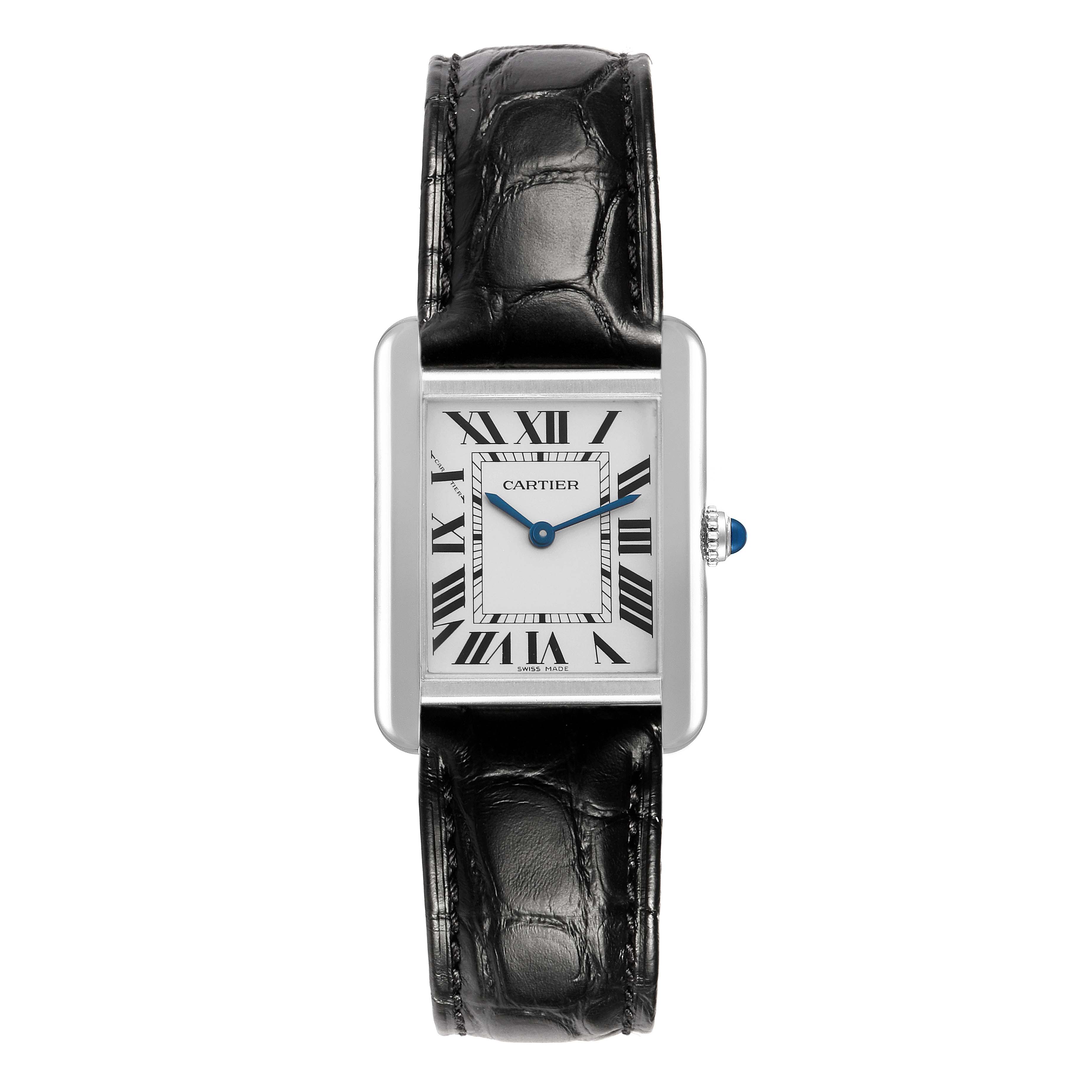 The Cartier Tank Solo WSTA0030 Women's Stainless Steel Silver Dial watch is shown from a front angle, displaying the face, case, and leather strap.