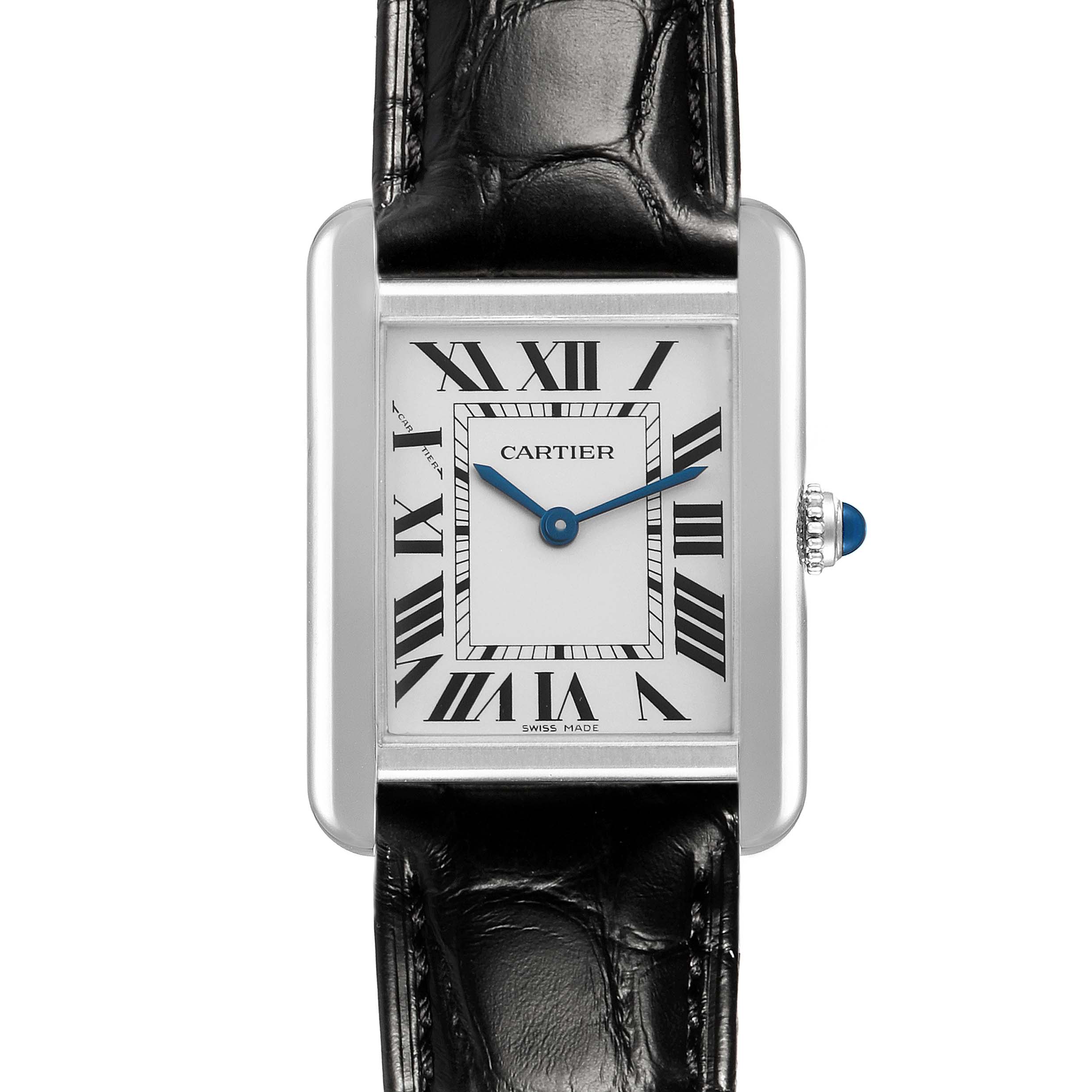 The Cartier Tank Solo WSTA0030 Women's Stainless Steel Silver Dial watch is shown from the front, featuring its face, Roman numerals, hands, crown, and leather strap.