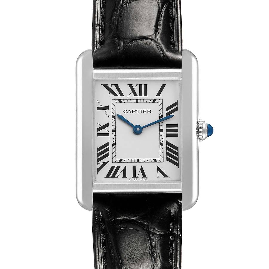 The Cartier Tank Solo WSTA0030 Women's Stainless Steel Silver Dial watch is shown from the front, featuring its face, Roman numerals, hands, crown, and leather strap.