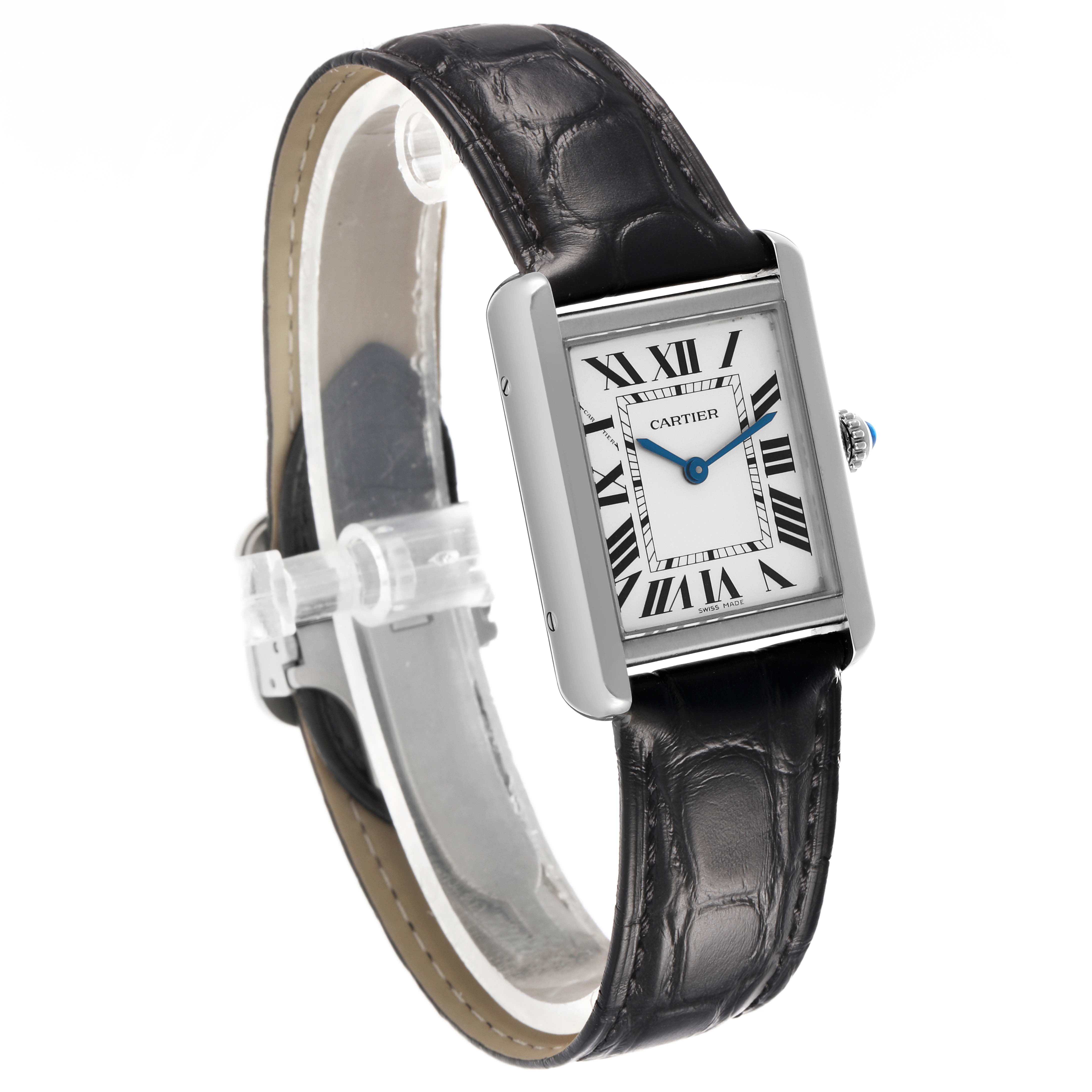 The Cartier Tank Solo WSTA0030 Women's Stainless Steel Silver Dial watch is shown at a three-quarter angle, highlighting the face, strap, and crown.