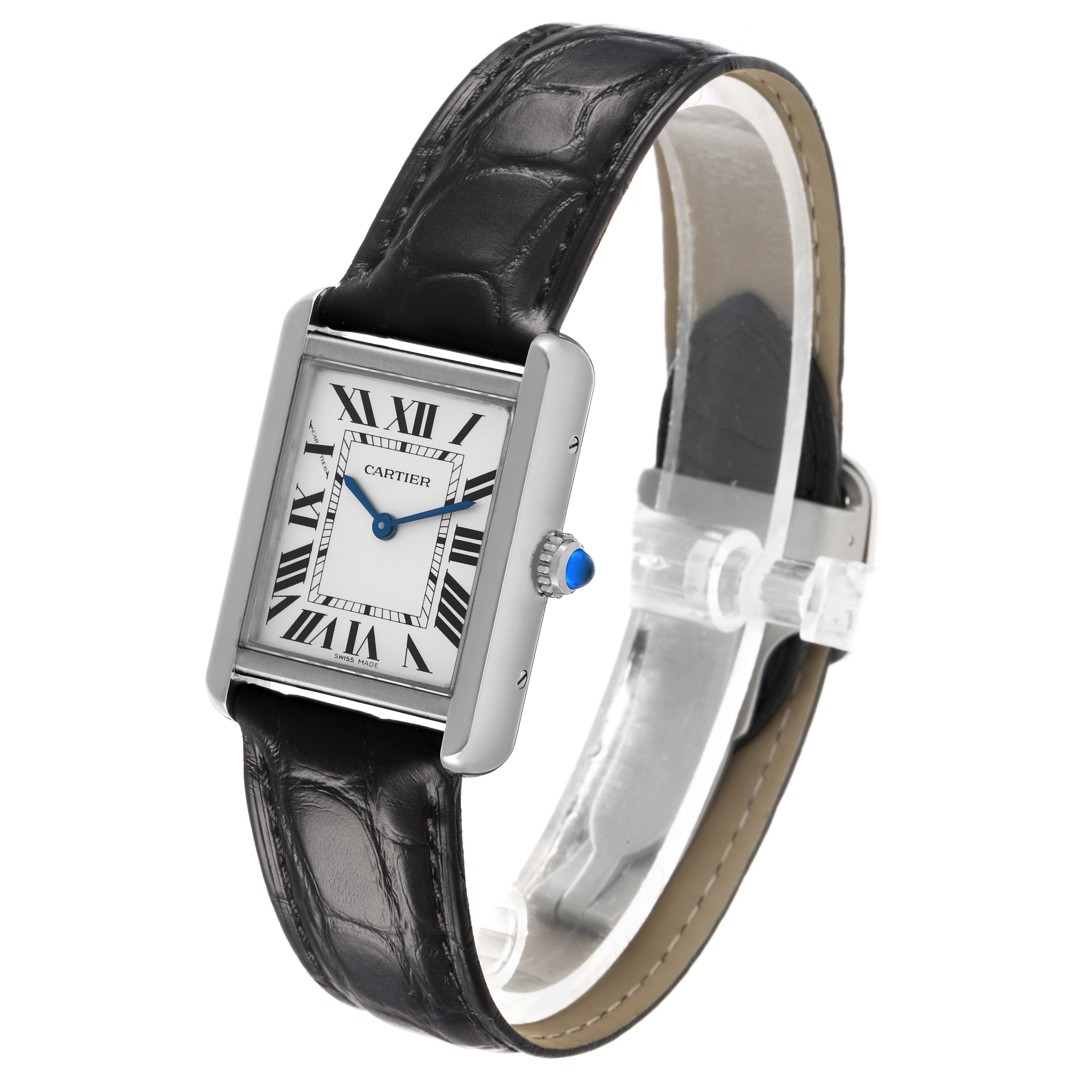The Cartier Tank Solo WSTA0030 Women's Stainless Steel Silver Dial watch is shown at a three-quarter angle, highlighting its rectangular case, dial, blue hands, and black leather strap.