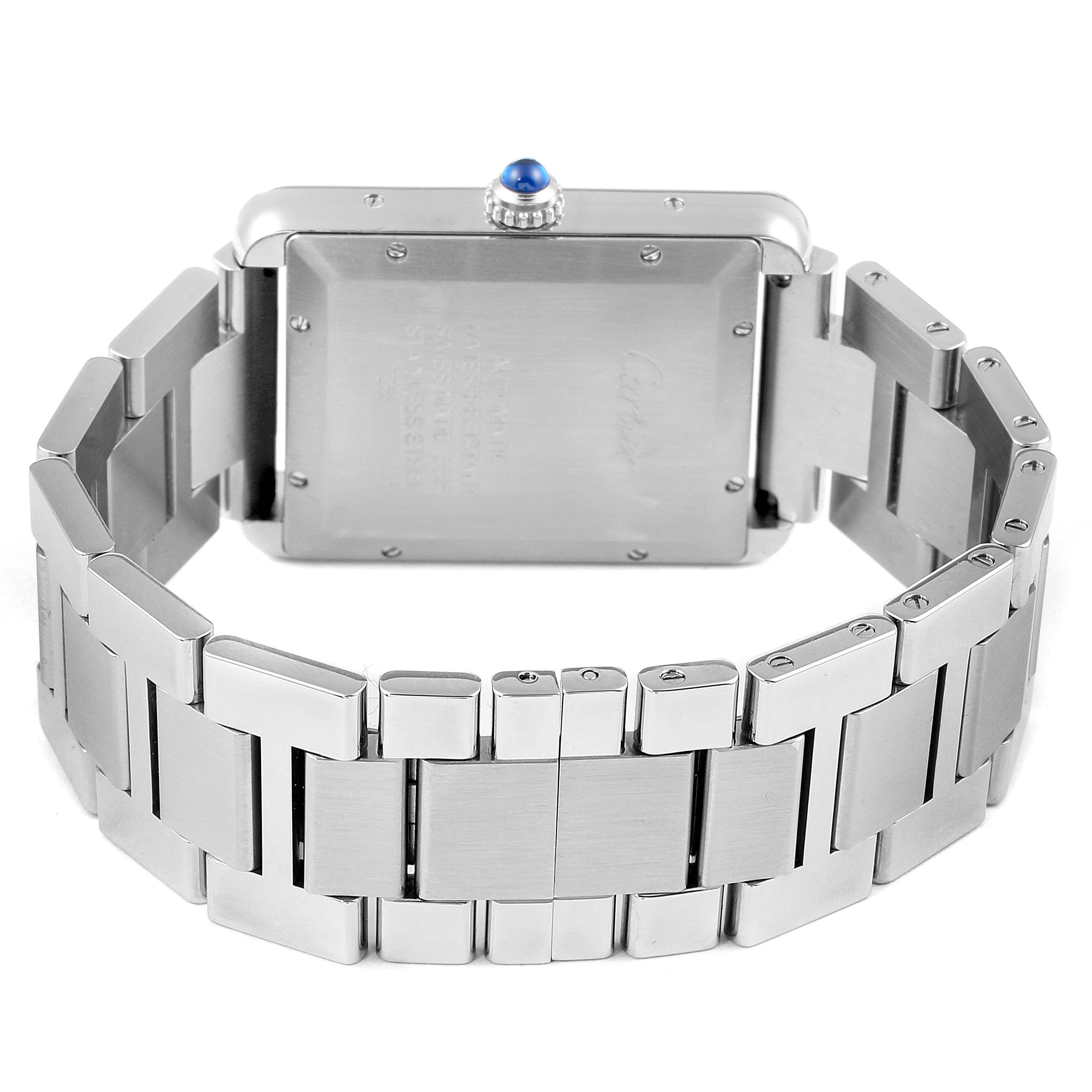 This image shows the back view of the Cartier Tank Solo W5200028 Men's Stainless Steel Silver Dial W5200028 Men's Stainless Steel Silver Dial watch, highlighting its bracelet and case back.