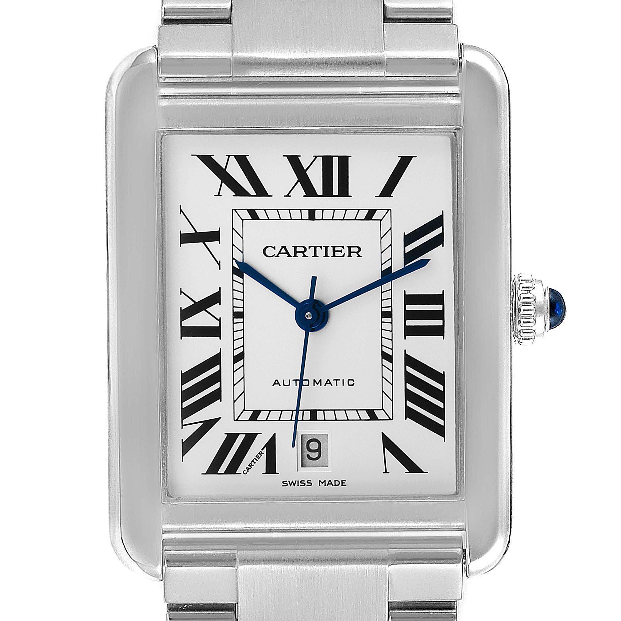 This close-up image shows the dial, bezel, and part of the bracelet of the Cartier Tank Solo W5200028 Men's Stainless Steel Silver Dial W5200028 Men's Stainless Steel Silver Dial watch.