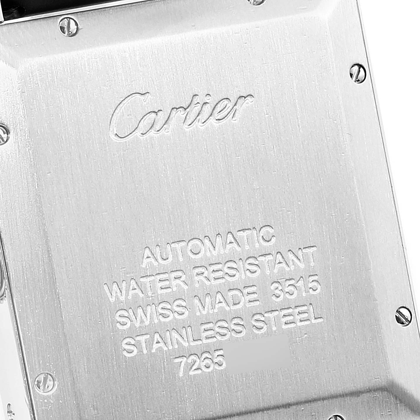 The image shows the case back of a Cartier Tank Solo W5200028 Men's Stainless Steel Silver Dial W5200028 Men's Stainless Steel Silver Dial watch, featuring engraved details about the watch's specifications.