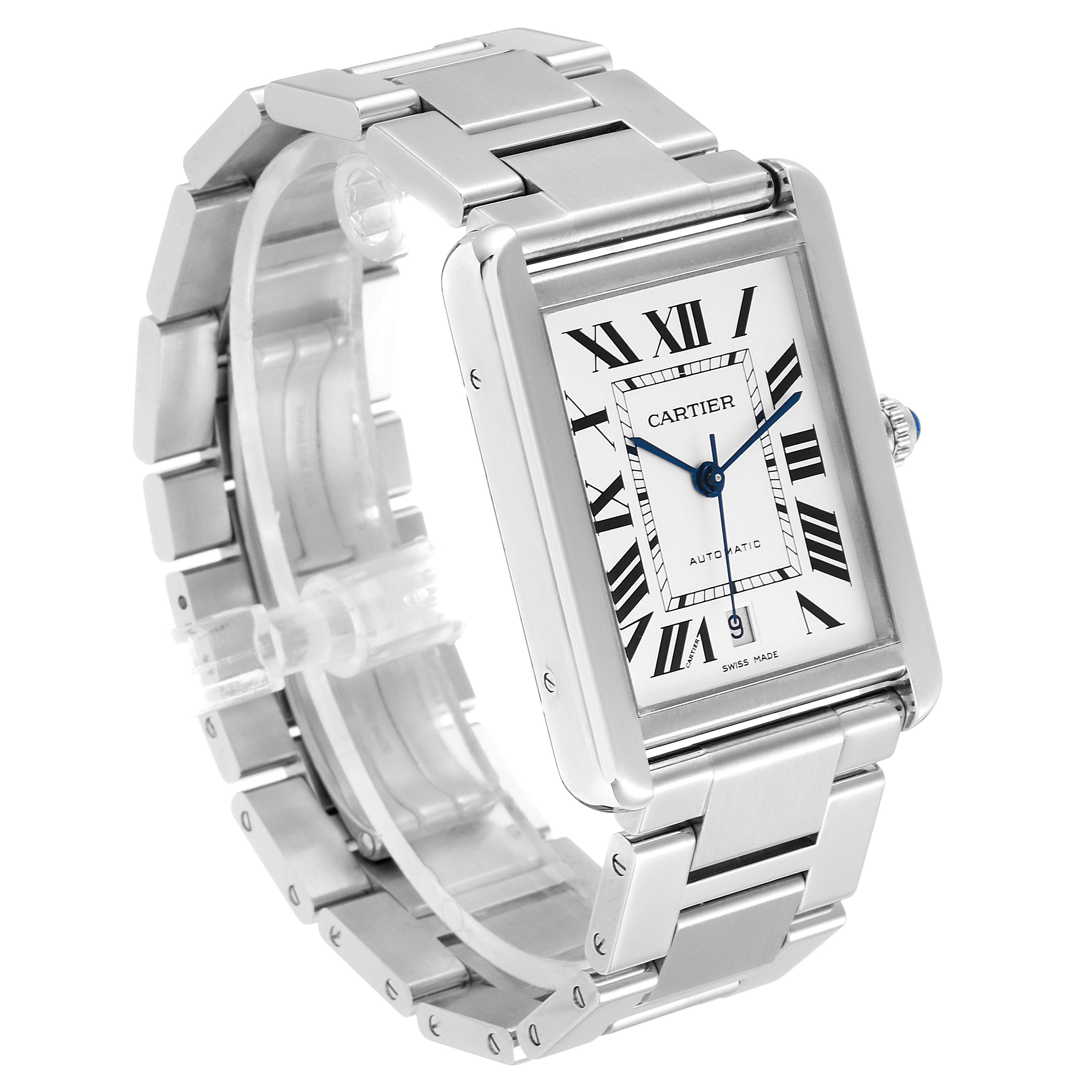 The image shows a Cartier Tank Solo W5200028 Men's Stainless Steel Silver Dial W5200028 Men's Stainless Steel Silver Dial watch from an angled side view, highlighting the face, bracelet, and crown.