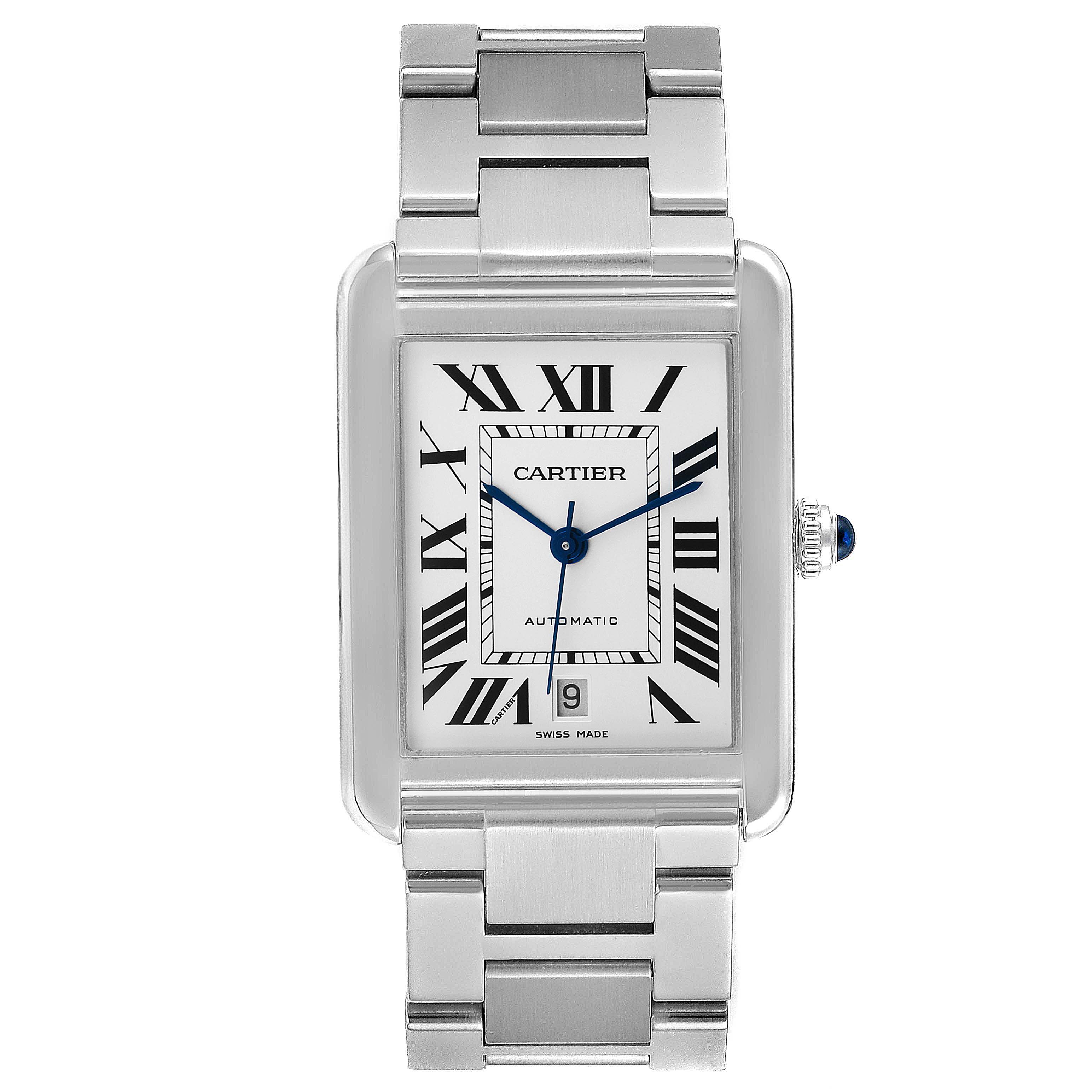 The image shows a front view of the Cartier Tank Solo W5200028 Men's Stainless Steel Silver Dial W5200028 Men's Stainless Steel Silver Dial, highlighting its rectangular face, Roman numerals, and metal bracelet.