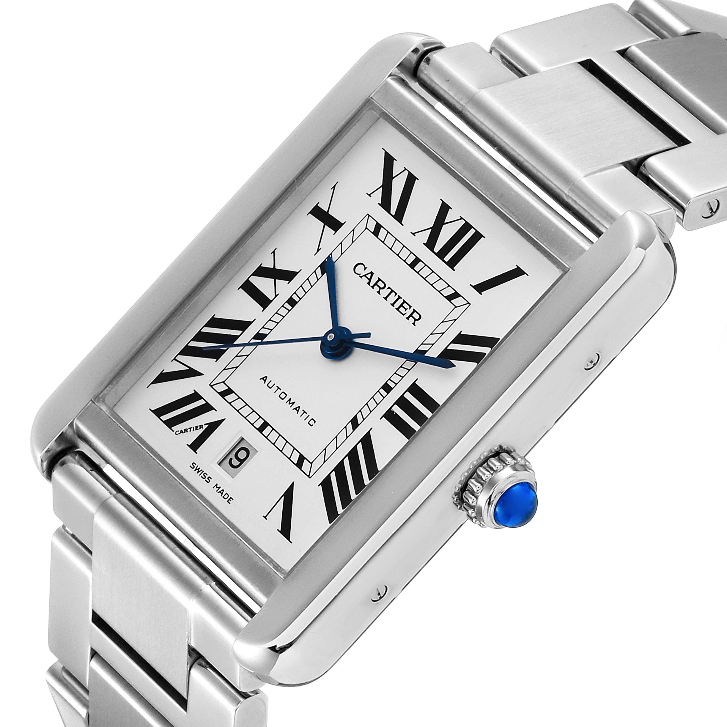 The image shows a Cartier Tank Solo W5200028 Men's Stainless Steel Silver Dial W5200028 Men's Stainless Steel Silver Dial watch at a slight angle, highlighting its face, Roman numerals, blue hands, and stainless steel bracelet.