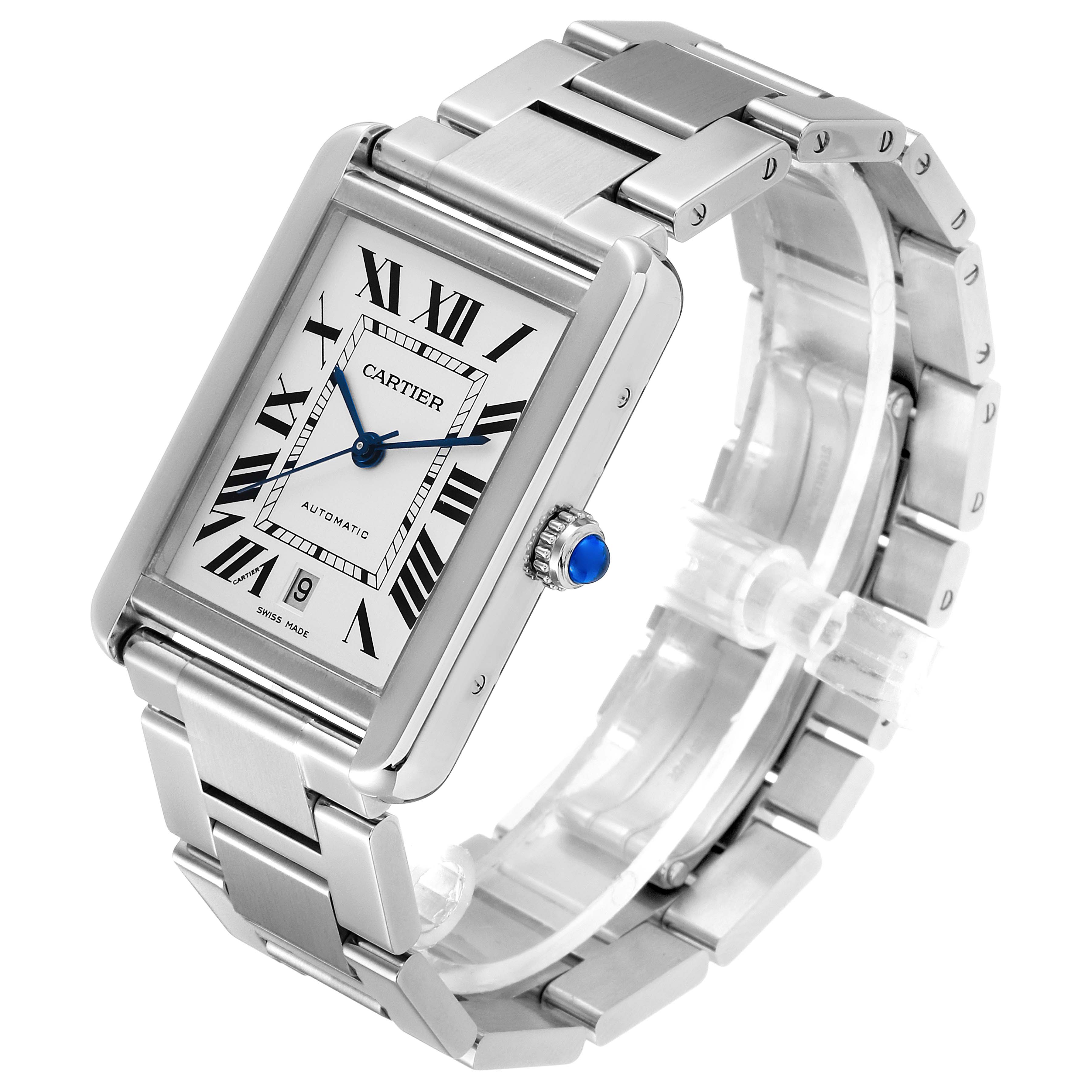 The image shows a Cartier Tank Solo W5200028 Men's Stainless Steel Silver Dial W5200028 Men's Stainless Steel Silver Dial watch from a three-quarter angle, featuring its face, crown, and metallic strap.