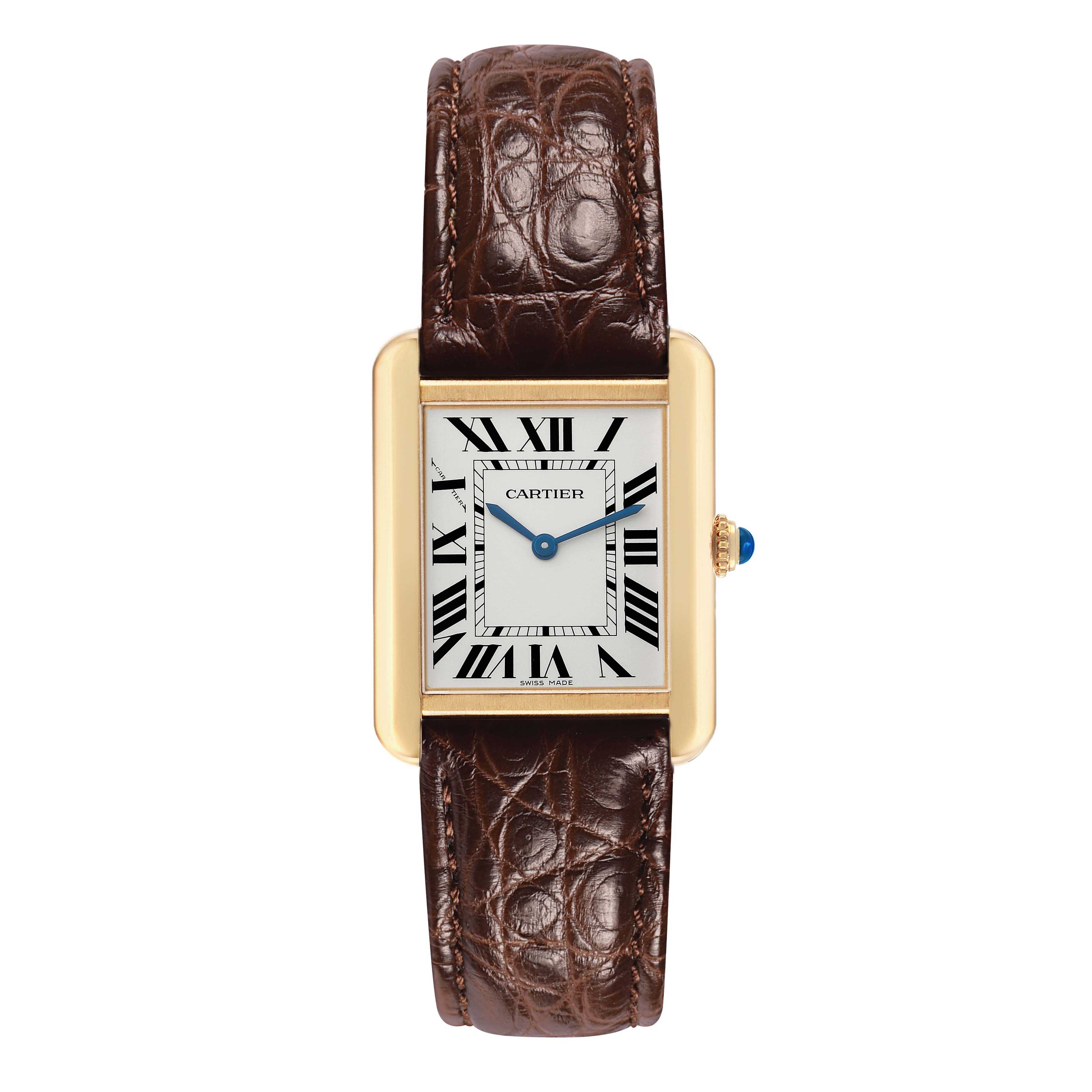 The Cartier Tank Solo W5200002 Women's Yellow Gold Silver Dial watch is shown from a front angle, displaying the face, case, and leather strap.