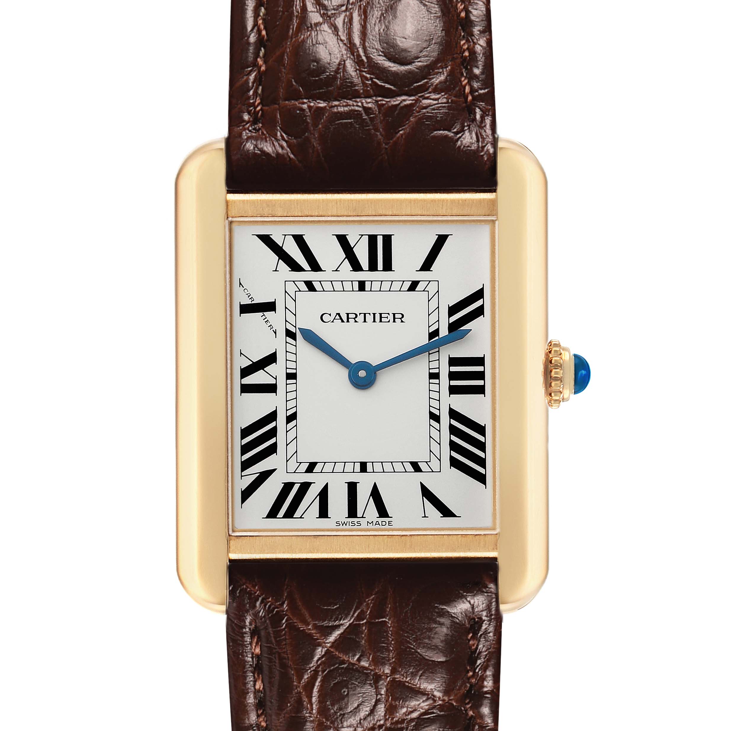 The Cartier Tank Solo W5200002 Women's Yellow Gold Silver Dial watch is shown from a front view, highlighting its rectangular face, leather strap, and crown with a blue cabochon.