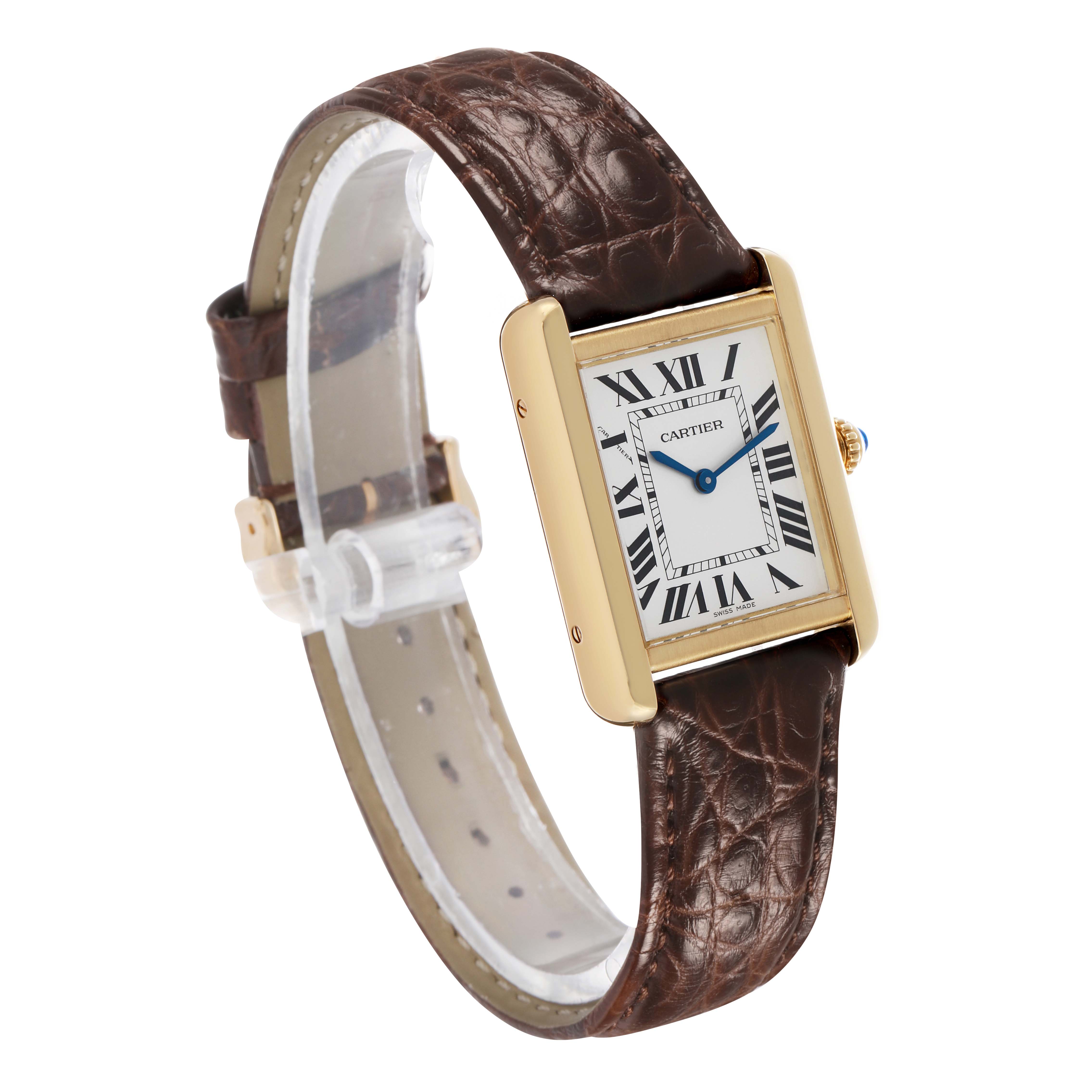 The Cartier Tank Solo W5200002 Women's Yellow Gold Silver Dial watch is shown in a three-quarter angle, highlighting its gold case, Roman numeral dial, and brown leather strap.