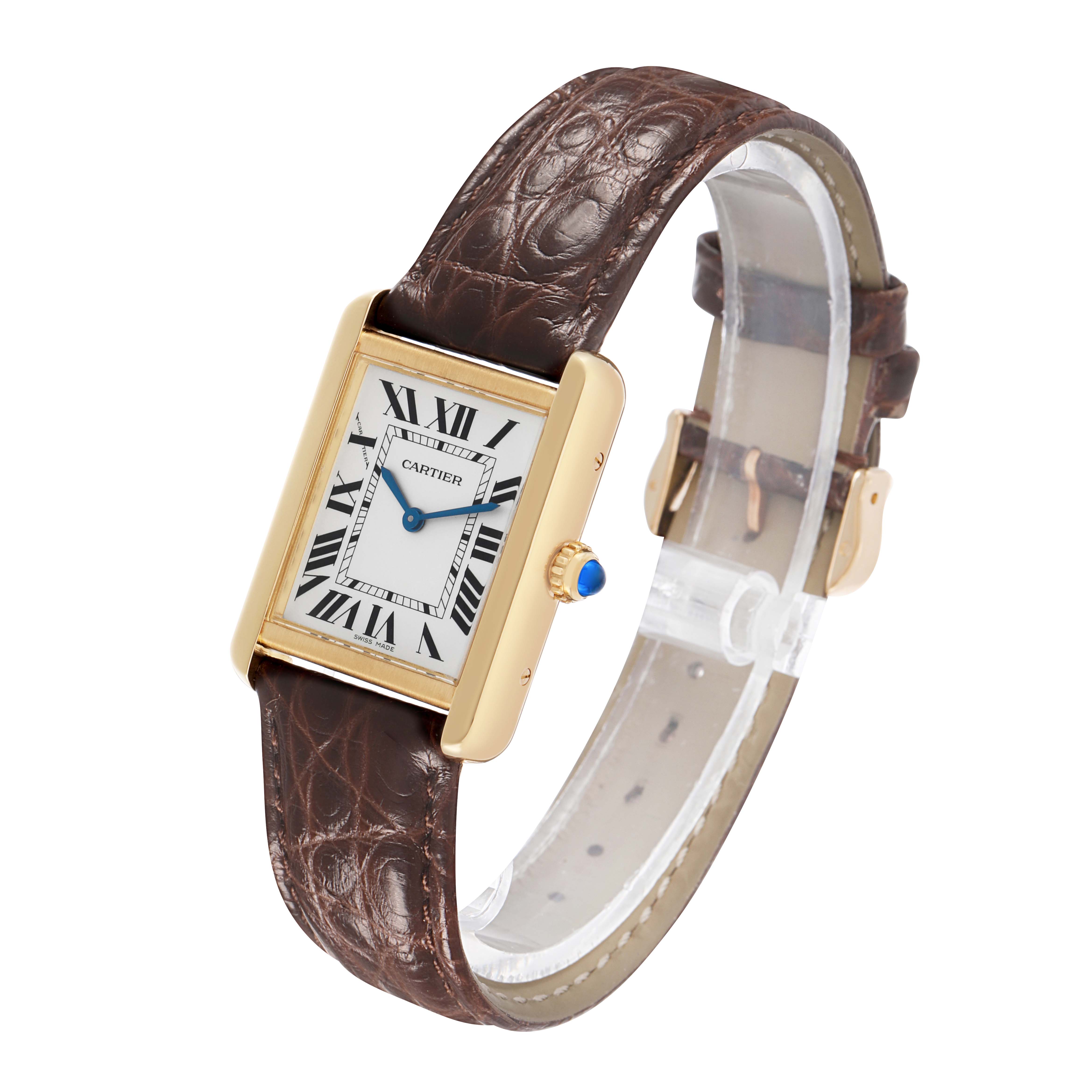 The Cartier Tank Solo W5200002 Women's Yellow Gold Silver Dial watch is shown at an angled side view, featuring its case, crown, dial, and leather strap.