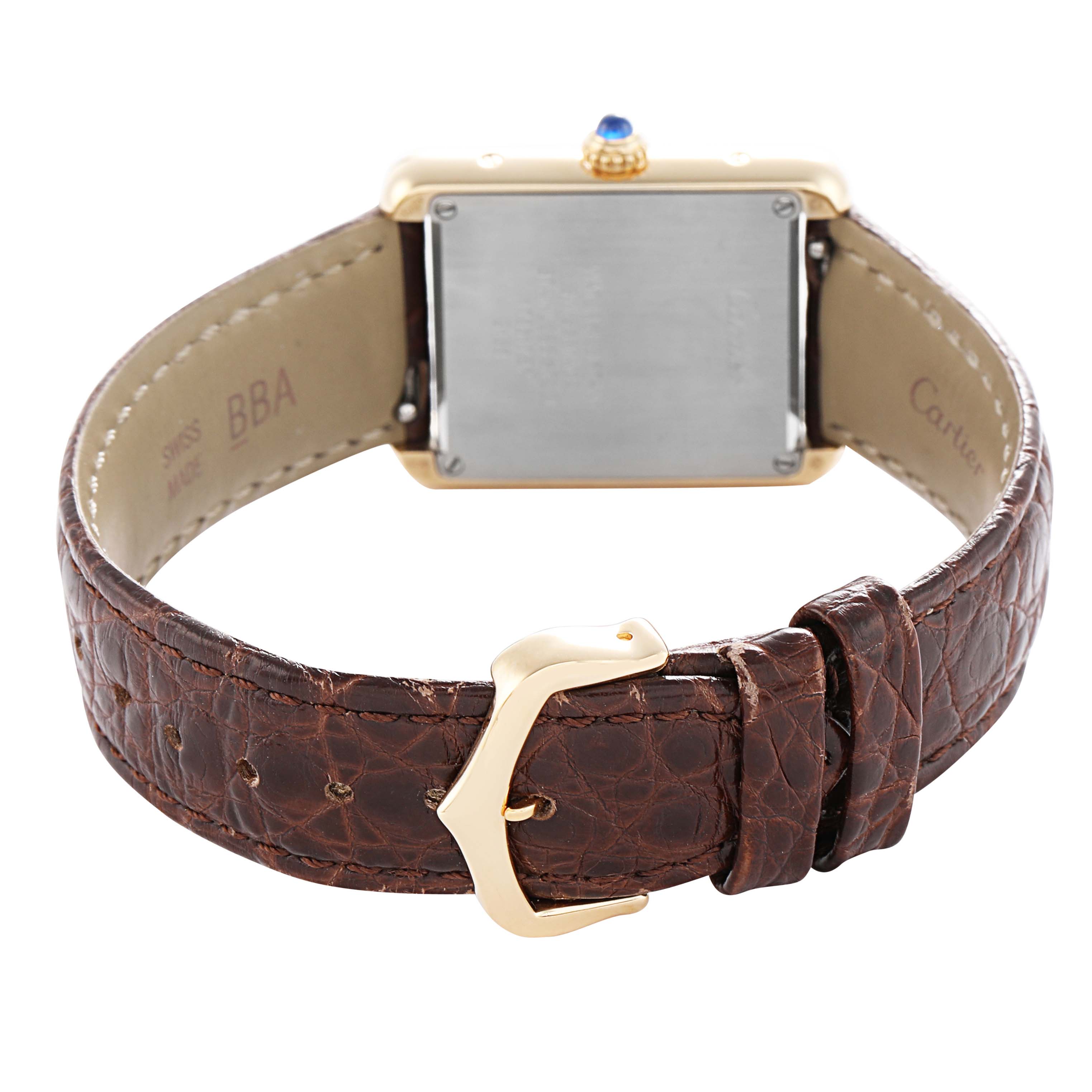 The image shows the back and buckle side of the Cartier Tank Solo W5200002 Women's Yellow Gold Silver Dial watch, highlighting its leather strap and metal clasp.