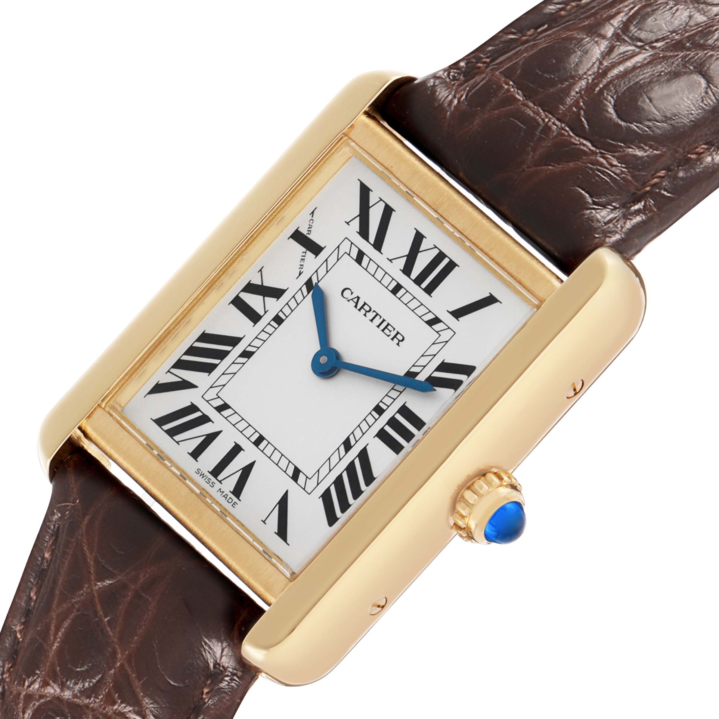 The Cartier Tank Solo W5200002 Women's Yellow Gold Silver Dial watch is shown from a top angle, displaying its rectangular face, Roman numerals, and gold casing with a blue cabochon crown.