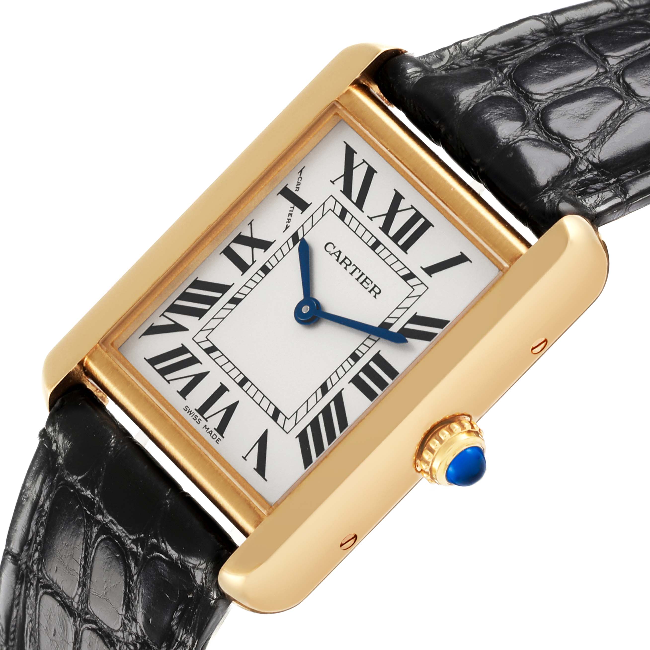 The Cartier Tank Solo W5200002 Women's Steel and Gold (two tone) Silver Dial W5200002 Women's Steel and Gold (two tone) Silver Dial watch is shown at a slight angle, highlighting the dial, case, crown, and part of the black leather strap.
