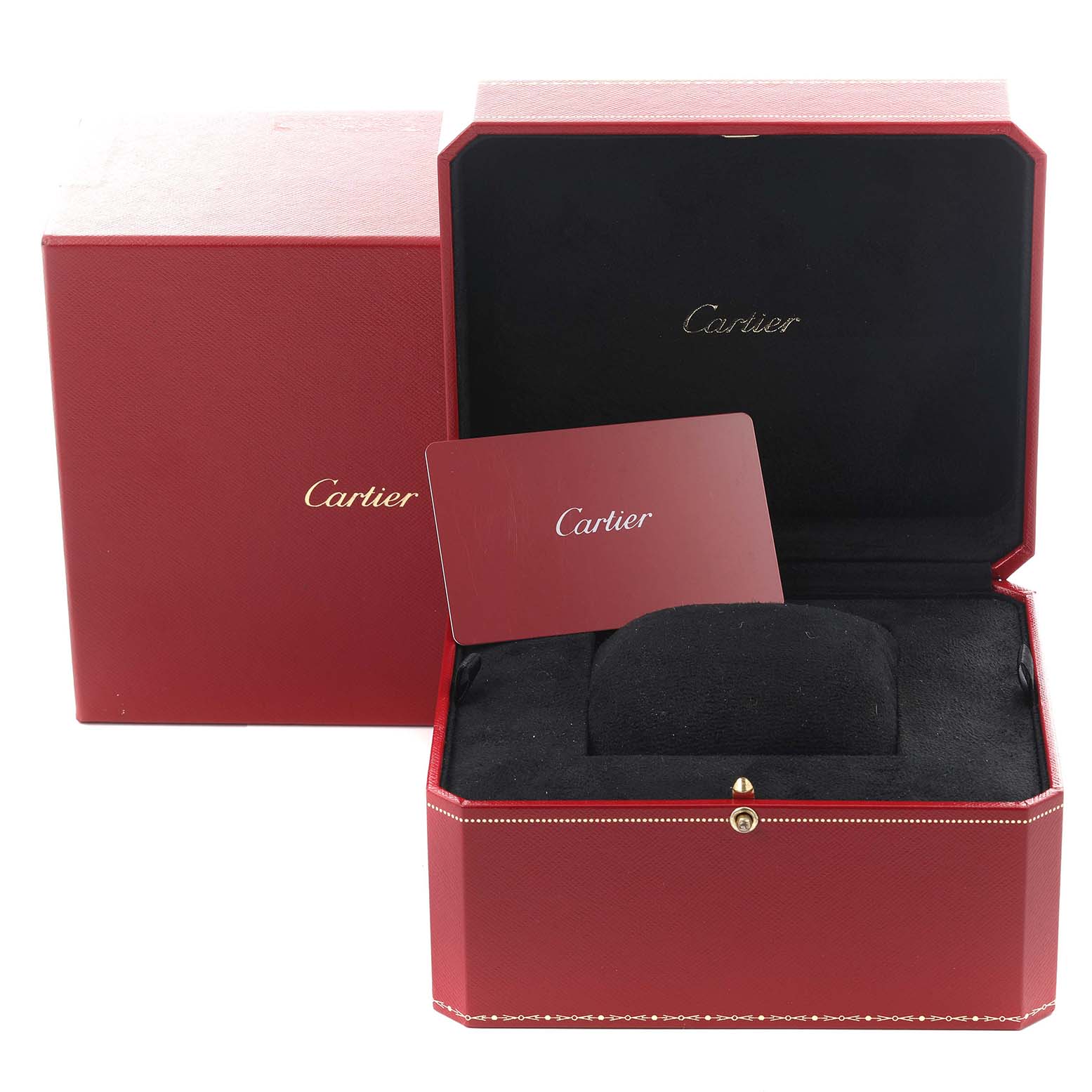 The image shows packaging for a Cartier Tank Solo W5200002 Women's Steel and Gold (two tone) Silver Dial W5200002 Women's Steel and Gold (two tone) Silver Dial, including a red box, card, and cushion.