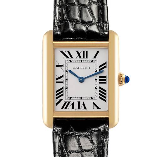 The image shows a Cartier Tank Solo watch from the front, highlighting the face, Roman numerals, gold case, and black strap.