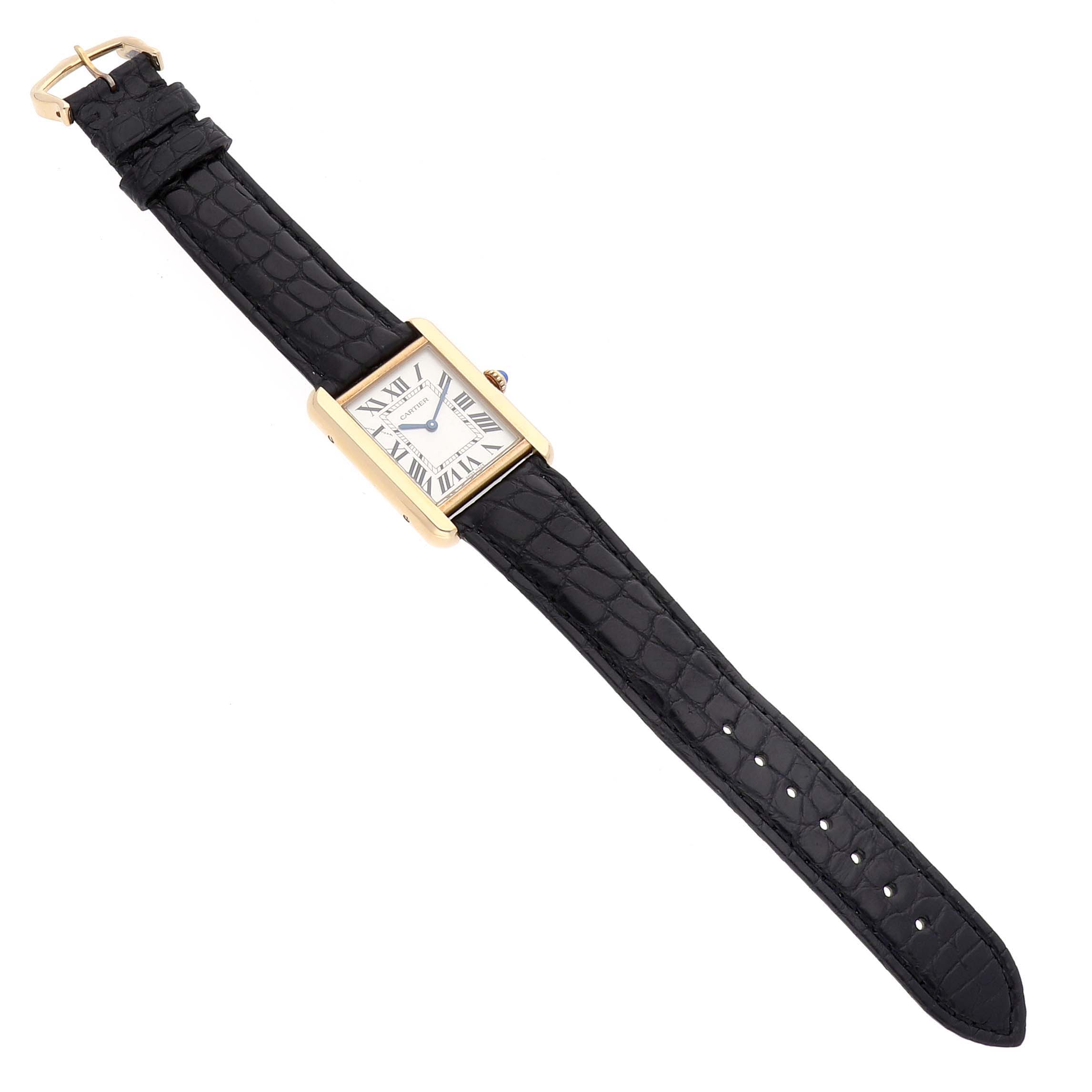 The Cartier Tank Solo W5200002 Women's Steel and Gold (two tone) Silver Dial W5200002 Women's Steel and Gold (two tone) Silver Dial watch is shown from a top-down angle, displaying the full face and black leather strap.