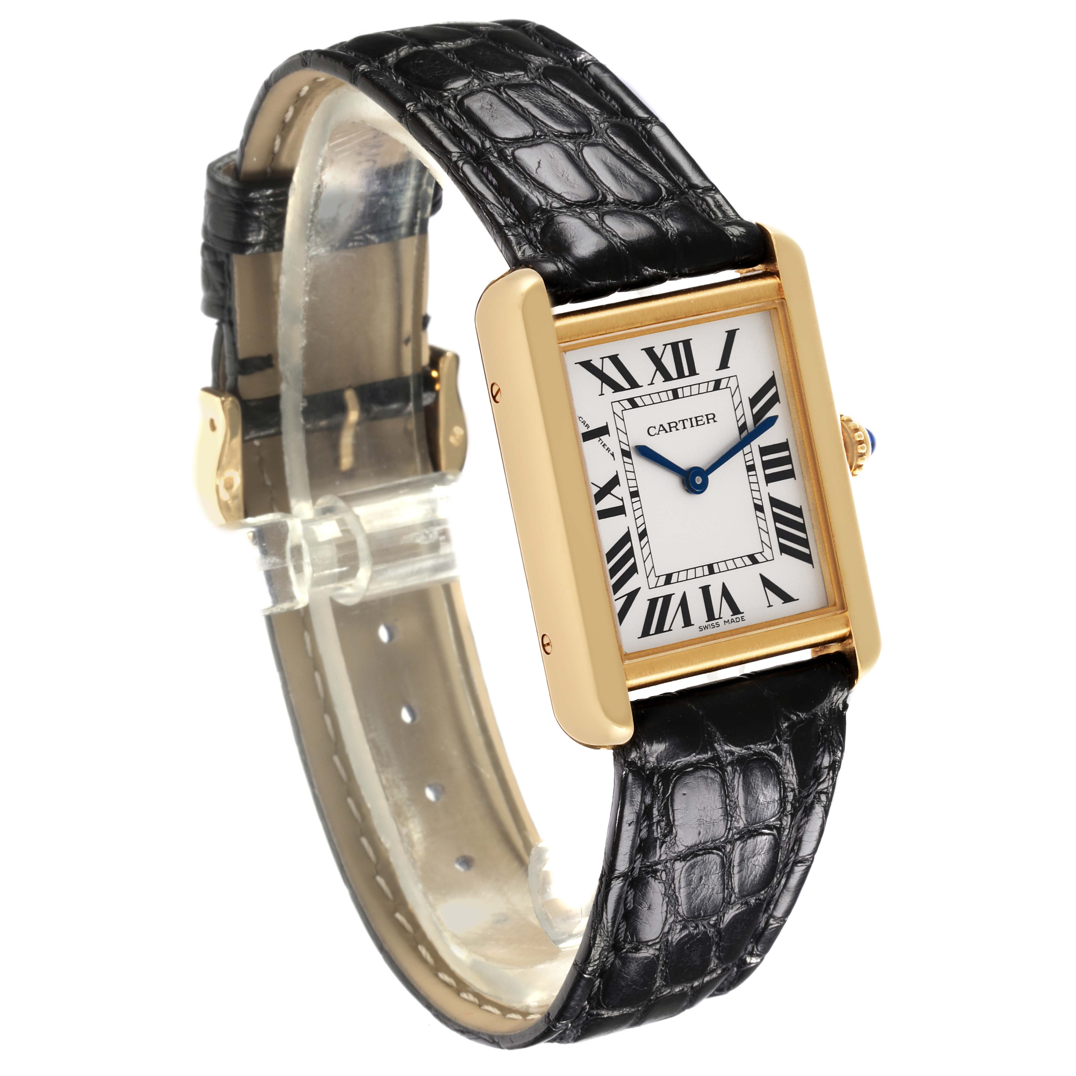 The Cartier Tank Solo W5200002 Women's Steel and Gold (two tone) Silver Dial W5200002 Women's Steel and Gold (two tone) Silver Dial watch is shown at a front angle, featuring its rectangular face and black leather strap.