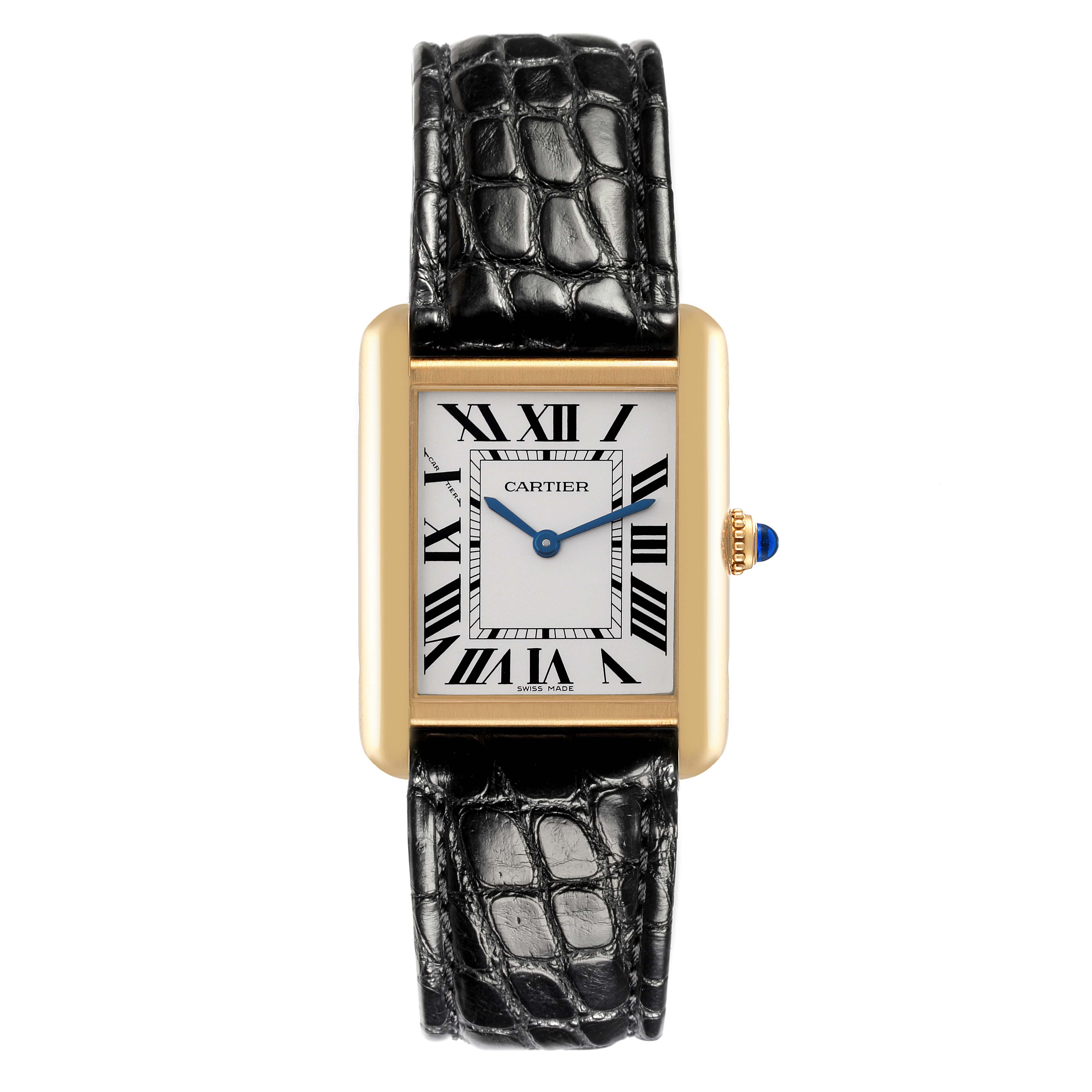 The Cartier Tank Solo W5200002 Women's Steel and Gold (two tone) Silver Dial W5200002 Women's Steel and Gold (two tone) Silver Dial watch is shown from the front, displaying its face, Roman numerals, and leather strap.
