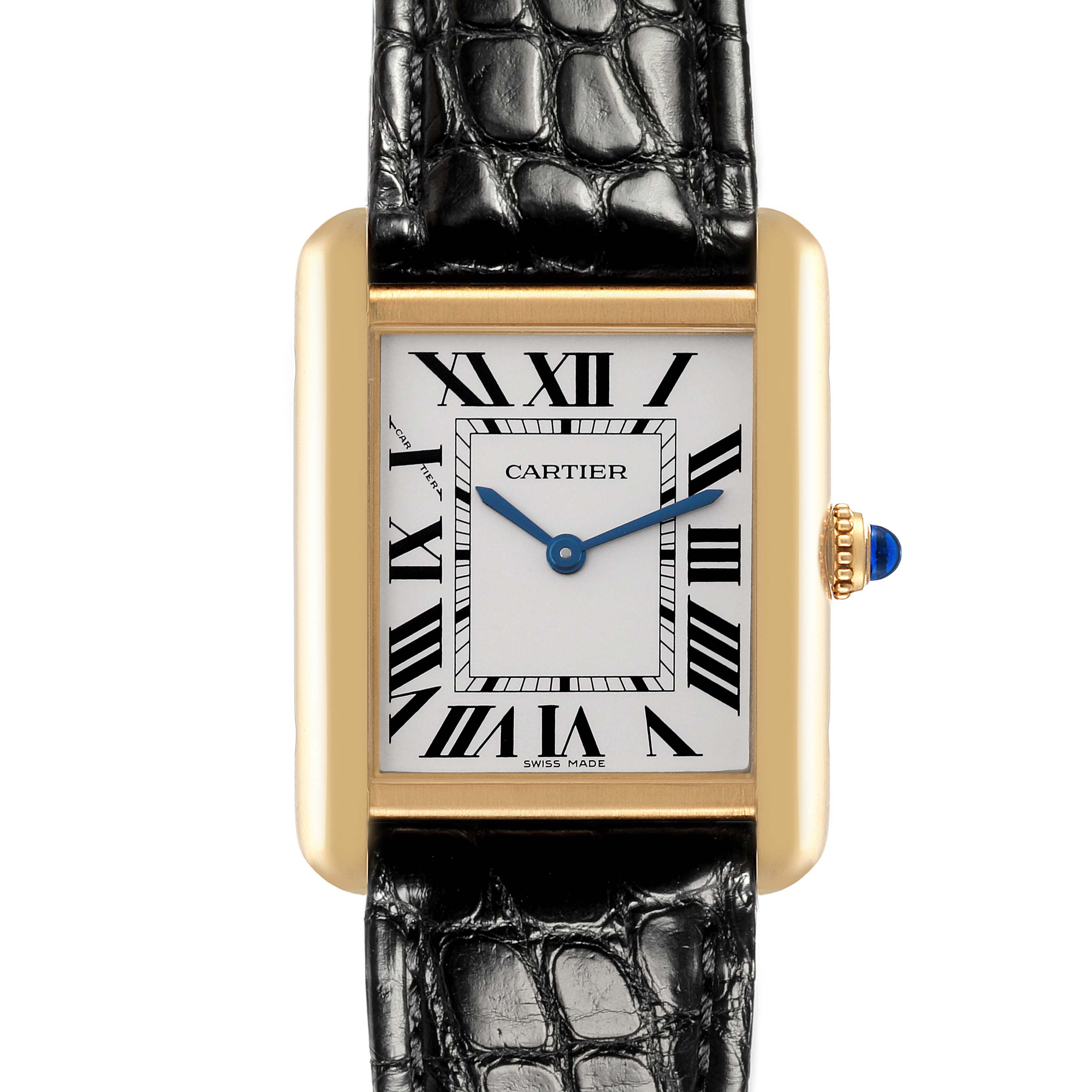 The Cartier Tank Solo W5200002 Women's Steel and Gold (two tone) Silver Dial W5200002 Women's Steel and Gold (two tone) Silver Dial watch is shown from a front angle, highlighting the rectangular face, Roman numerals, and leather strap.