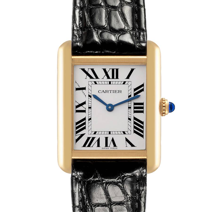 The Cartier Tank Solo watch is shown from a front angle, highlighting the rectangular face, Roman numerals, and leather strap.