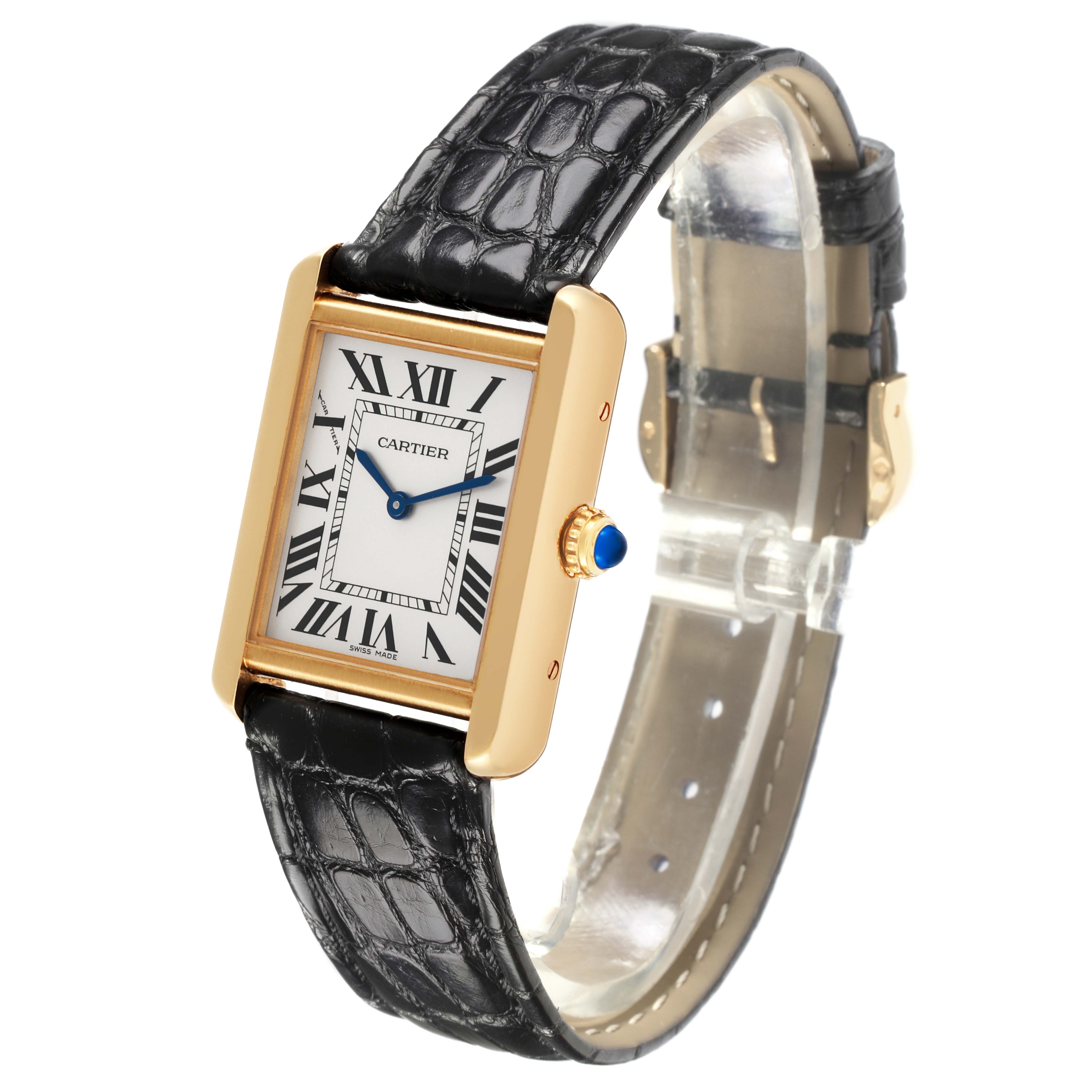 The Cartier Tank Solo W5200002 Women's Steel and Gold (two tone) Silver Dial W5200002 Women's Steel and Gold (two tone) Silver Dial watch is shown at an angle highlighting the face, bezel, crown, and leather strap.
