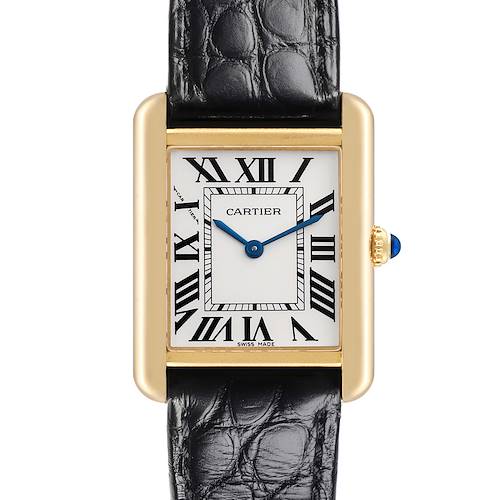 The Cartier Tank Solo watch is shown from the front, displaying the face, Roman numerals, and black leather strap.