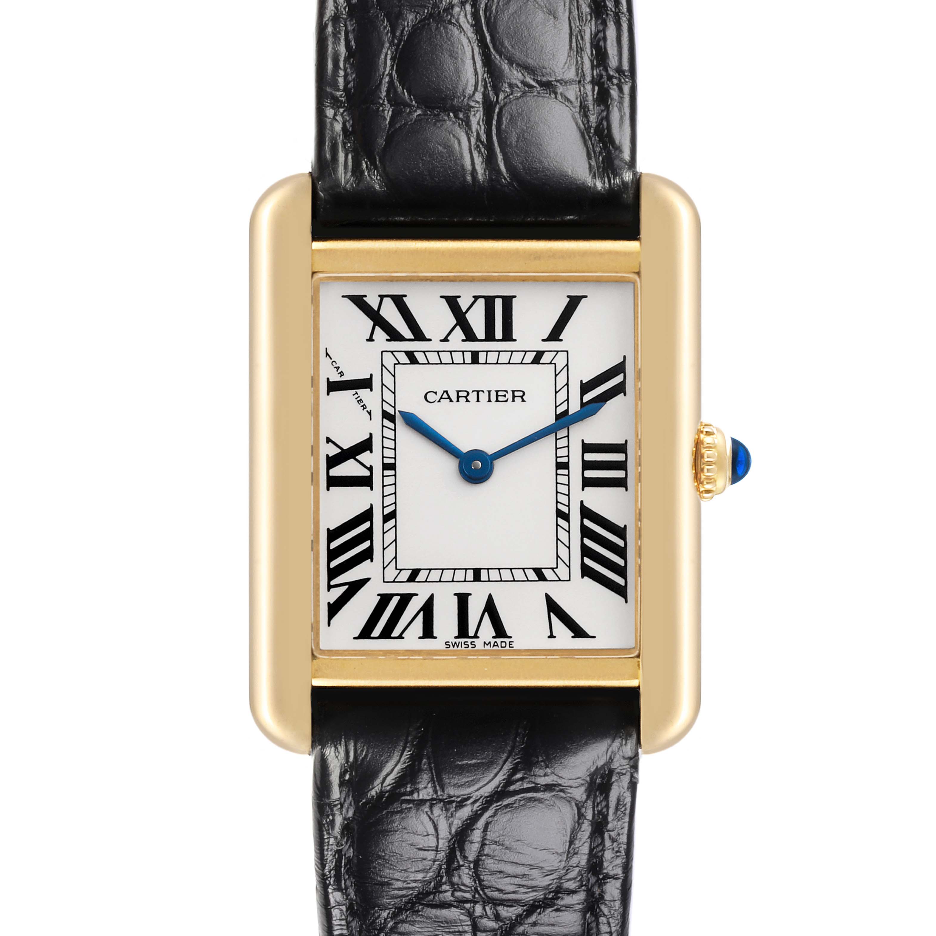 The Cartier Tank Solo W5200002 Women's Steel and Gold (two tone) Silver Dial W5200002 Women's Steel and Gold (two tone) Silver Dial watch is shown from the front, highlighting the face, bezel, and black leather strap.